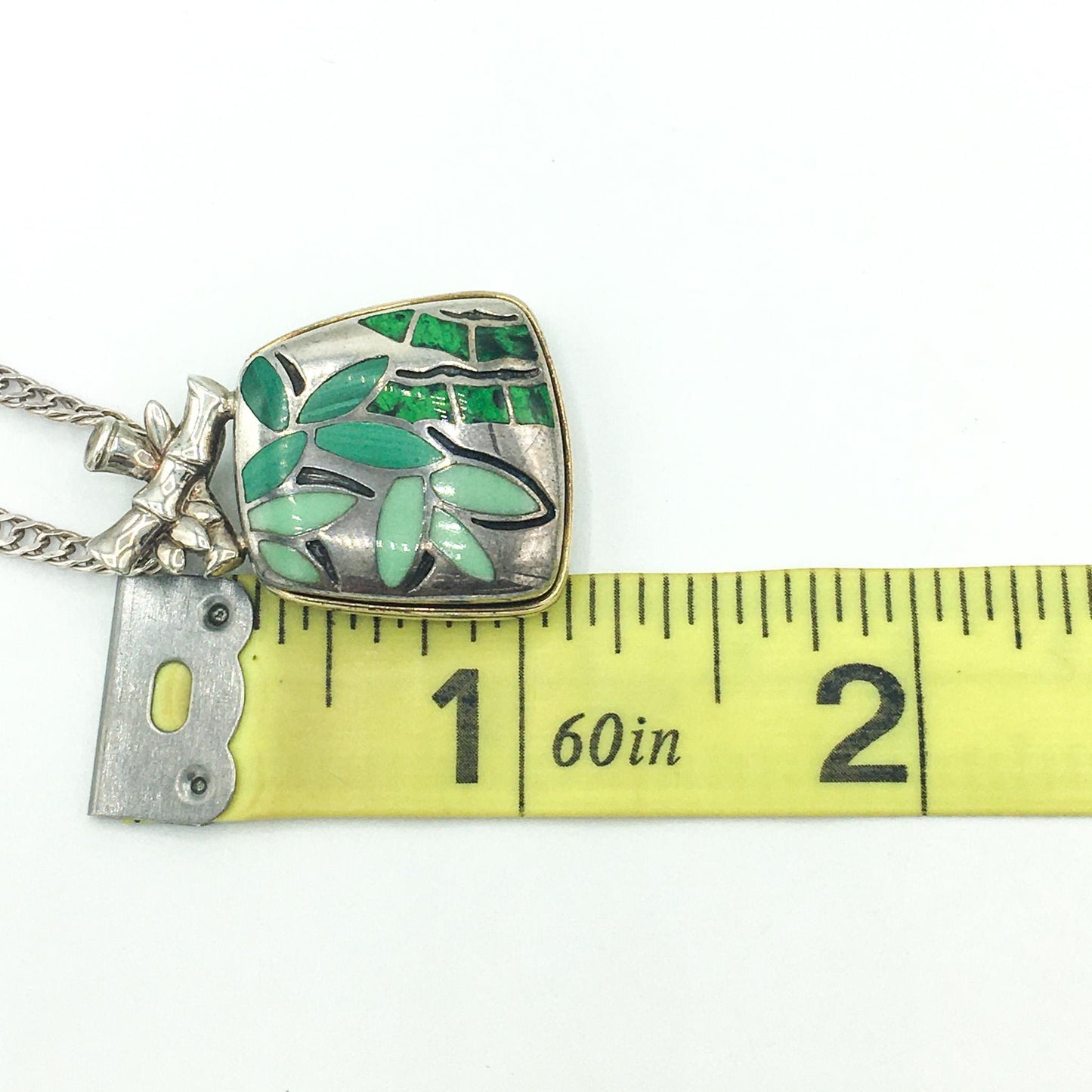 18K 925 Eric Grossbardt Green Bamboo Pendant on 925 Italy 16" Chain, Rare Find