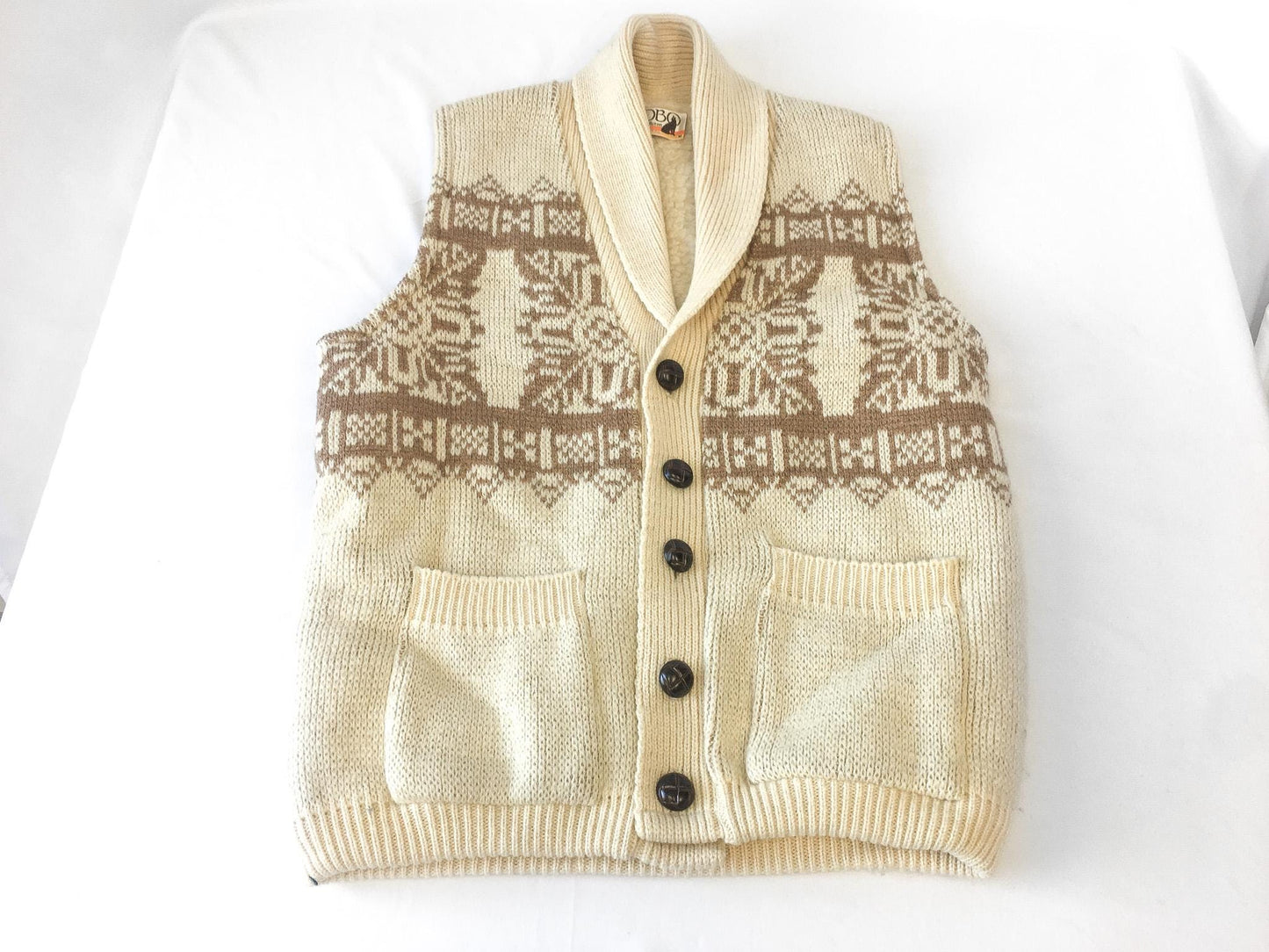 Vintage 70s Lobo by Pendleton Cream/Off-White Brown Navajo Patterned Wool Sherpa Lined Vest, Men's Sz. M, Vintage Western Vest