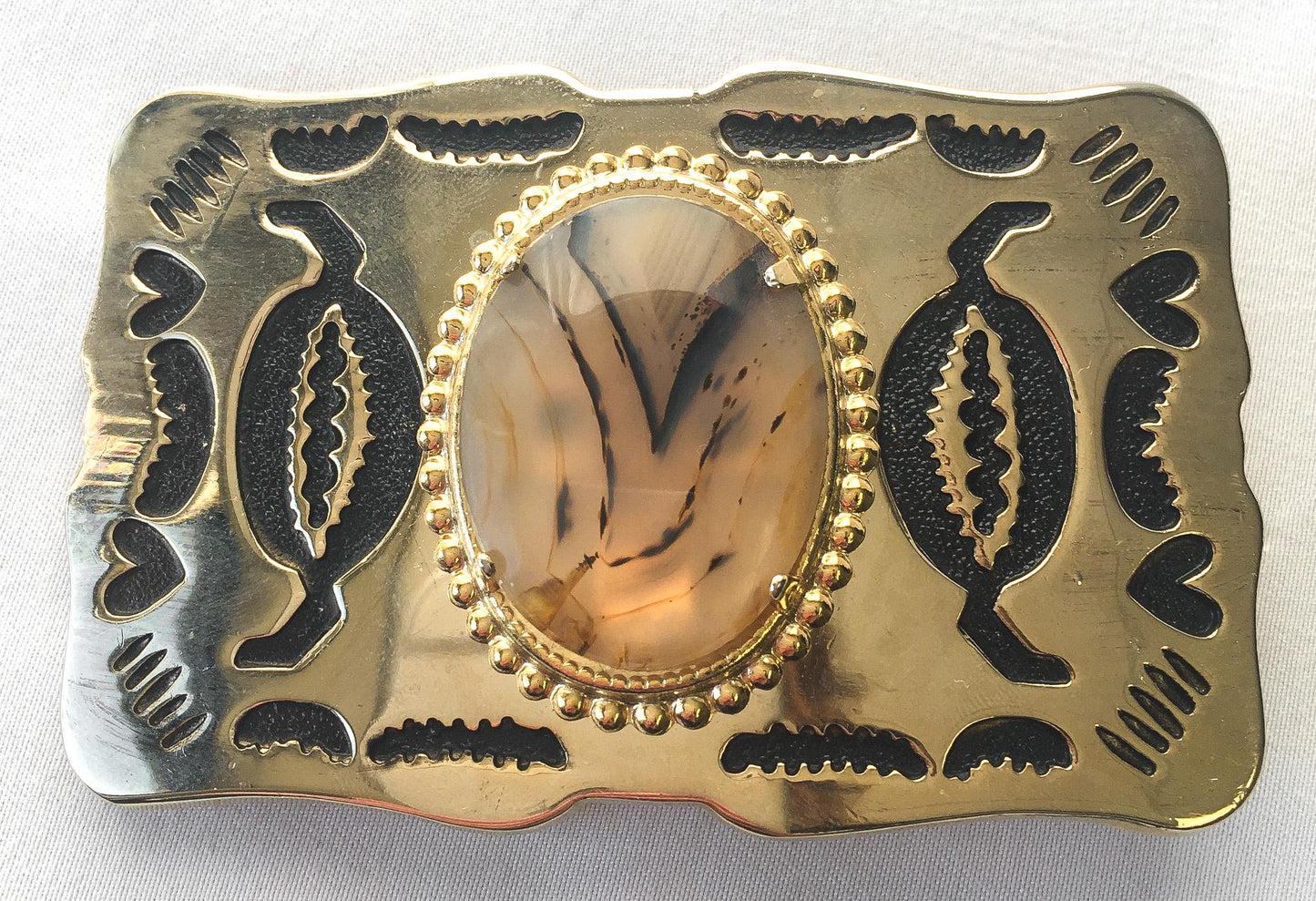 Vintage Gold Toned Abstract Etched Faux Stone Belt Buckle, Vintage Western Accessories