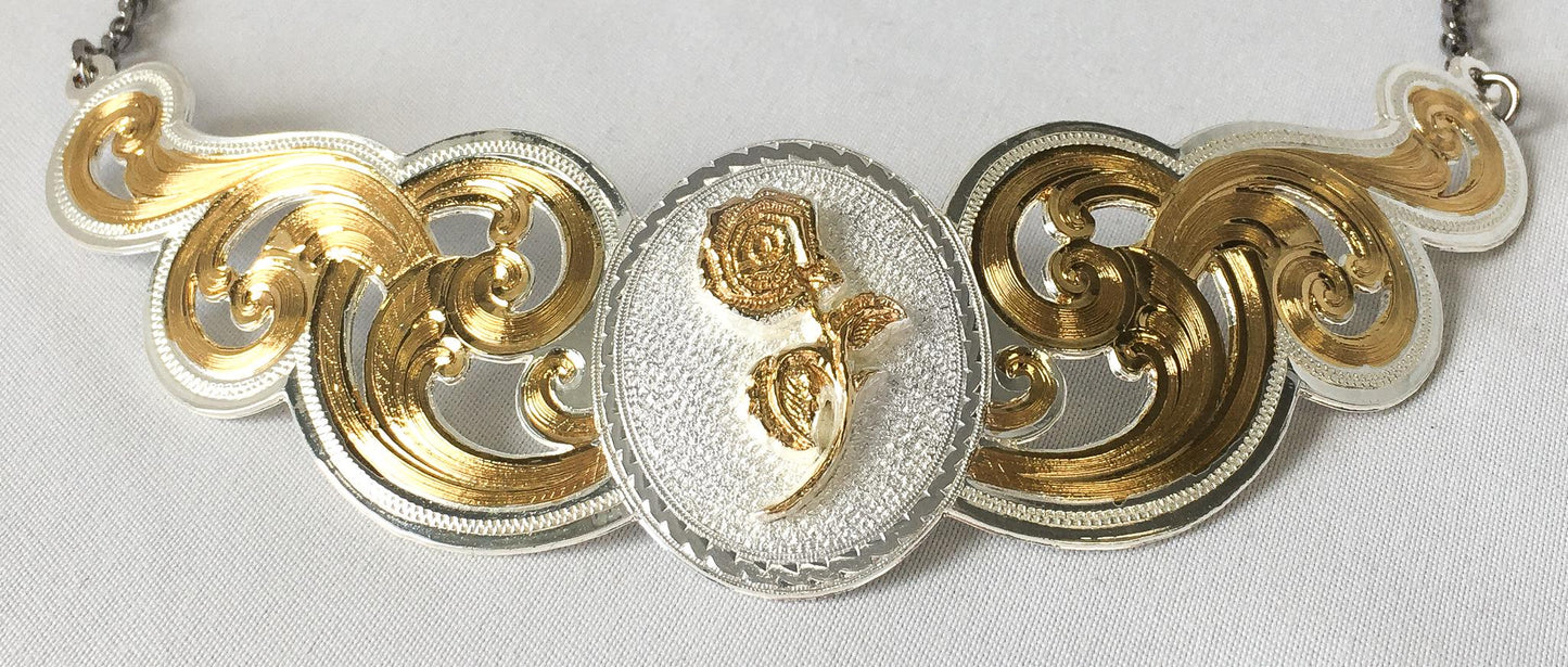 Vintage Montana Silversmith Gold Silver Toned Plated Rose Motif Necklace, 15", Vintage Statement Western Jewelry