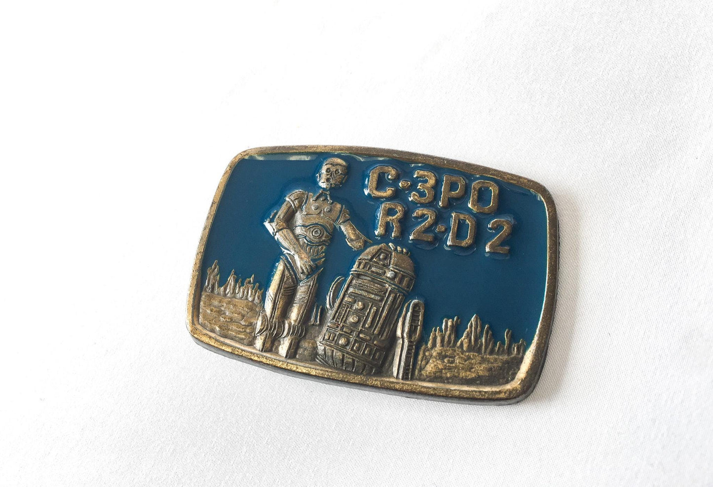 Vintage 1979 Star Wars C-3PO R2-D2 Blue Enamel Brass Belt Buckle, 2" x 2.75", Vintage 70s Star Wars Apparel Merchandise