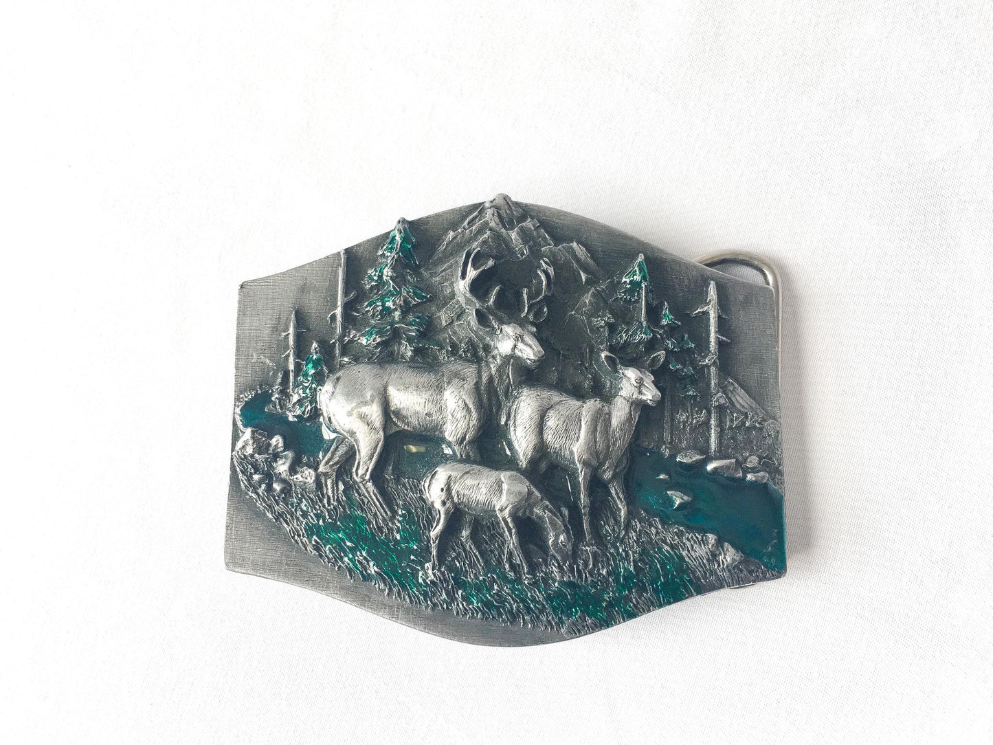 Vintage 80s Siskiyou Pewter Silver/Green/Blue Deer Engraved Belt Buckle, 2.5" x 3", Vintage Western Belt Buckle