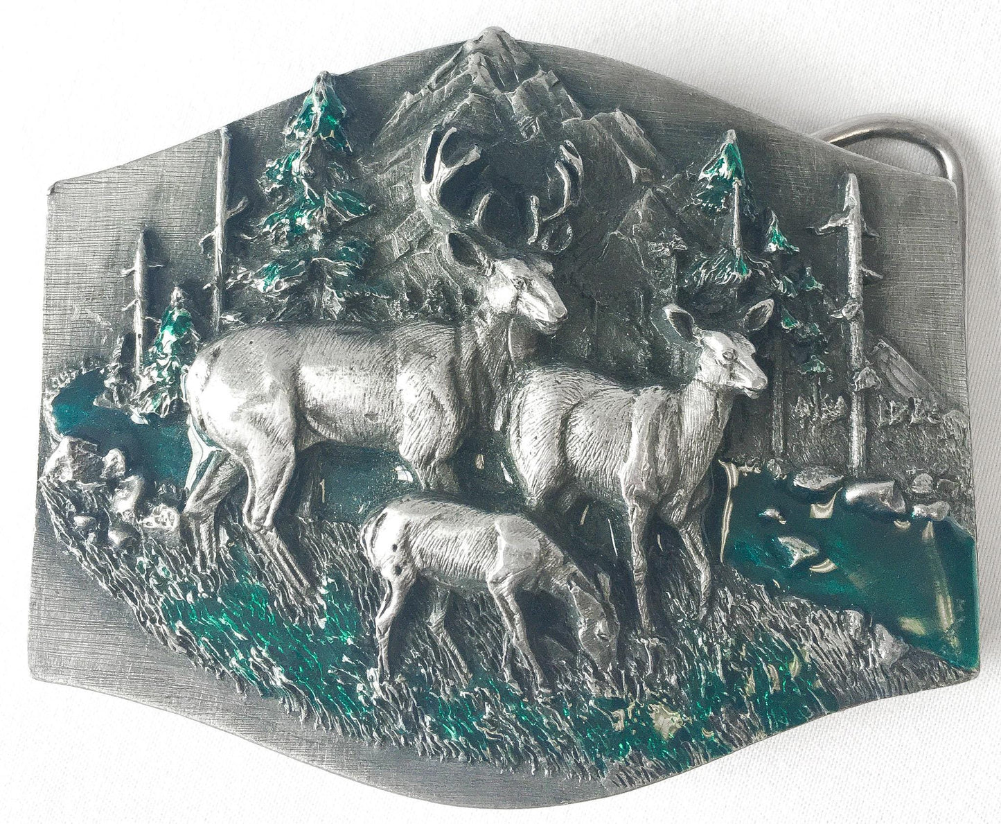 Vintage 80s Siskiyou Pewter Silver/Green/Blue Deer Engraved Belt Buckle, 2.5" x 3", Vintage Western Belt Buckle