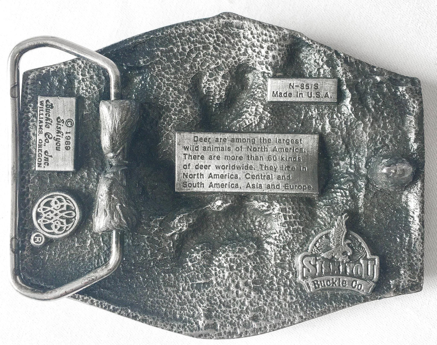 Vintage 80s Siskiyou Pewter Silver/Green/Blue Deer Engraved Belt Buckle, 2.5" x 3", Vintage Western Belt Buckle