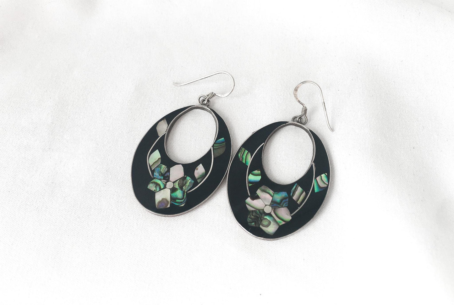 Vintage 925 Mexico Black Abalone Shell Floral Dangle Earrings, 1.5", Vintage Navajo Boho Jewelry