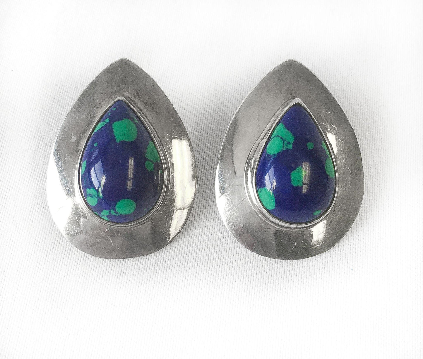 Vintage Sterling Silver S.E. Stamped Azurite Teardrop Stud Earrings, 1", Vintage Navajo Boho Earrings
