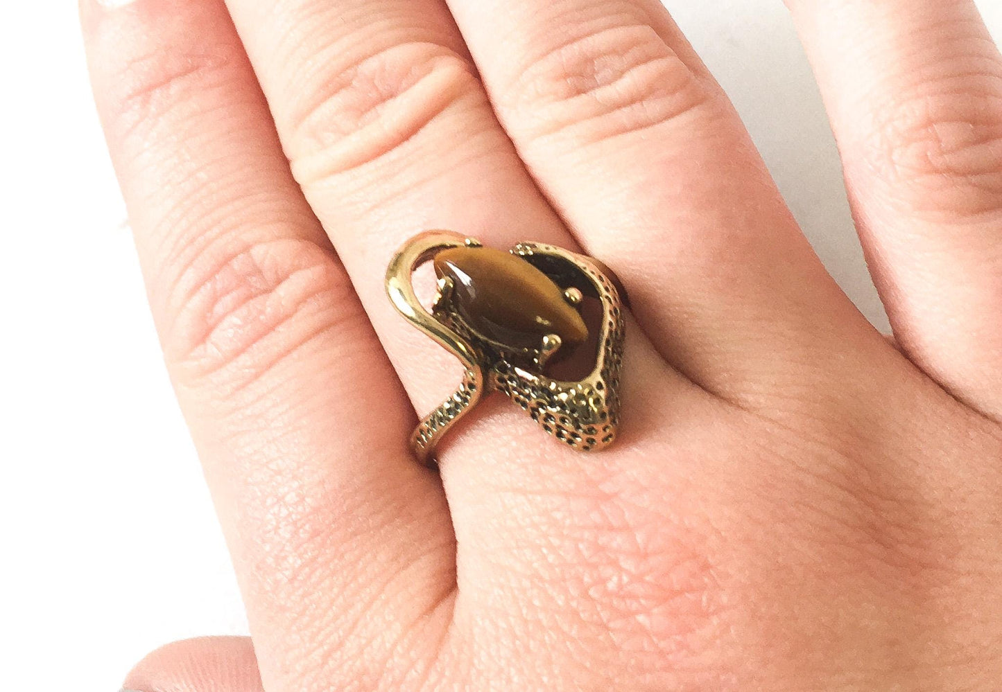Tiger's Eye 14KT Heavy Gold Filled, Heavy Gold Electroplated Textured Asymmetrical Free Form Ring, Sz. 6.75, Unique Boho Statement Jewelry