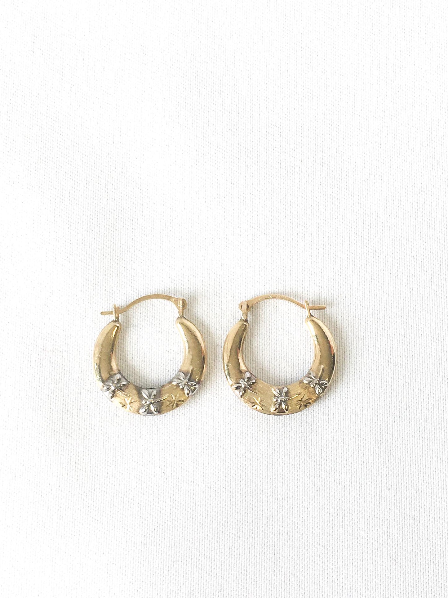 Vintage 10K Israel Two-Tone Dragonfly Etched Hollow Mini Hoops, .5", Simple Dainty Everyday Earrings