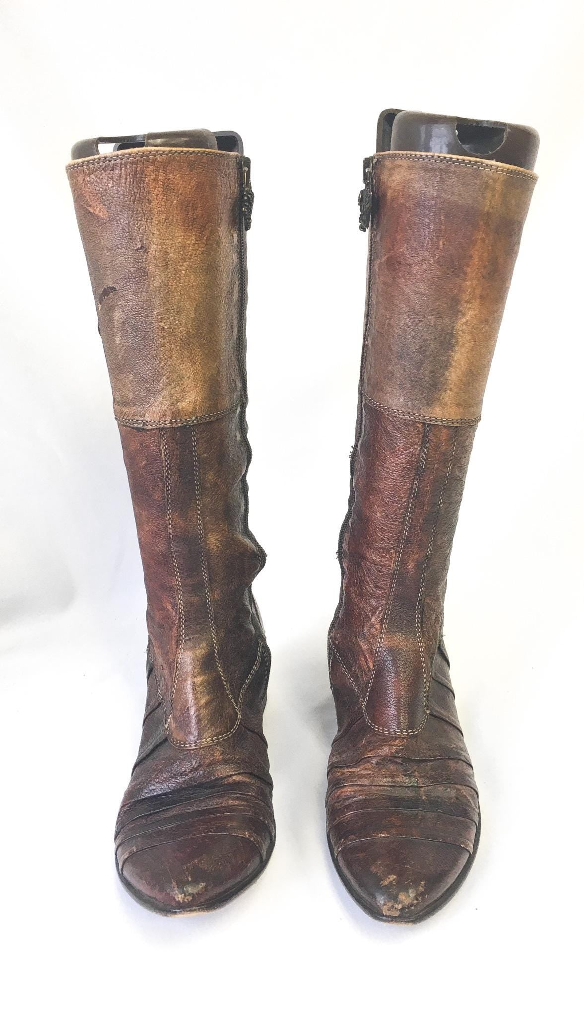 Vintage Siren by Mark Nason Brown Leather Dragon Studded Embroidered Zip Up Knee-High Boots, Sz. 5.5, Vintage Western Statement Boots