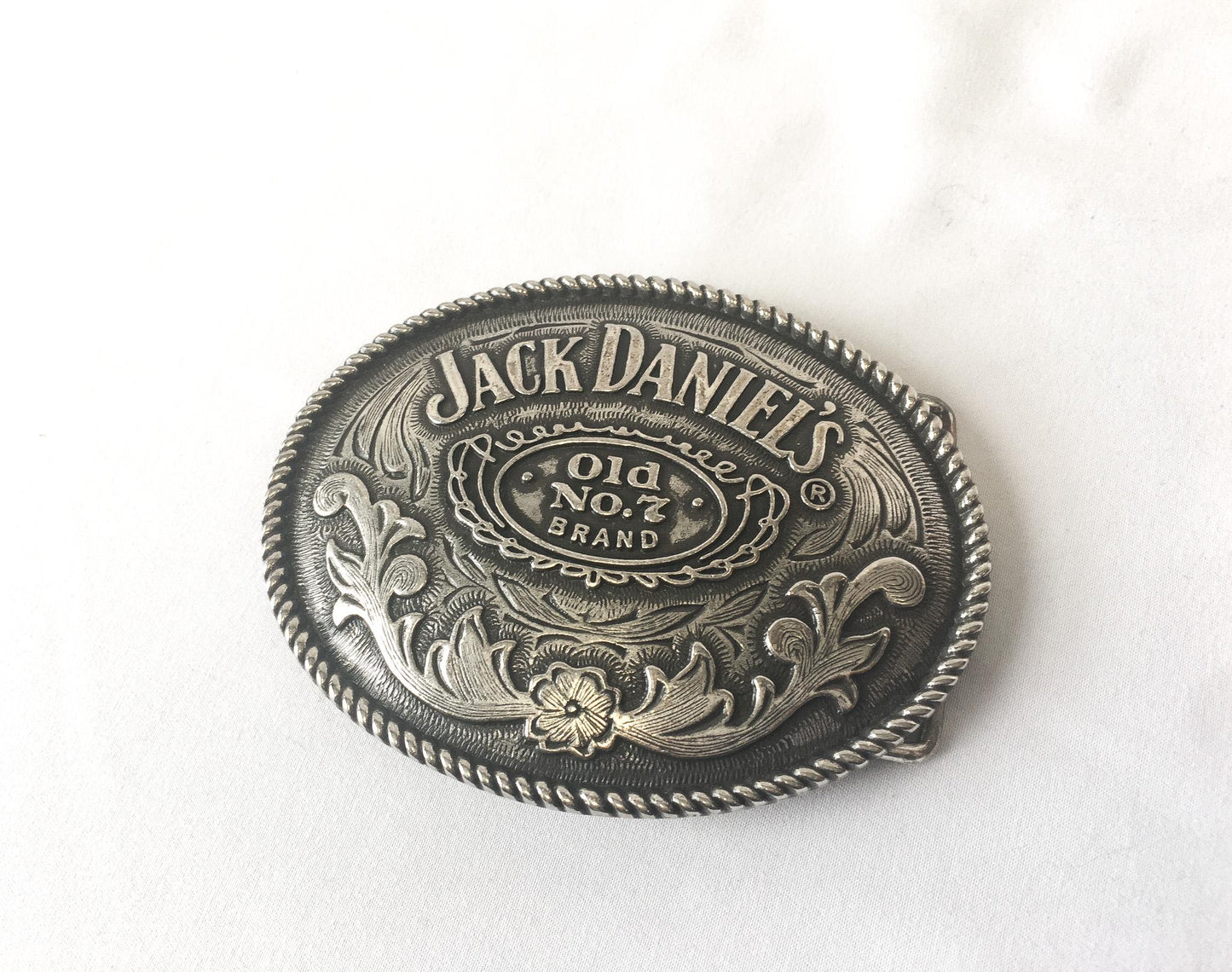 Vintage Jack Daniels Old No. 7 Silver Toned Oval Belt Buckle, 4" x 3", Vintage Whiskey Alcohol Western Belt Buckle