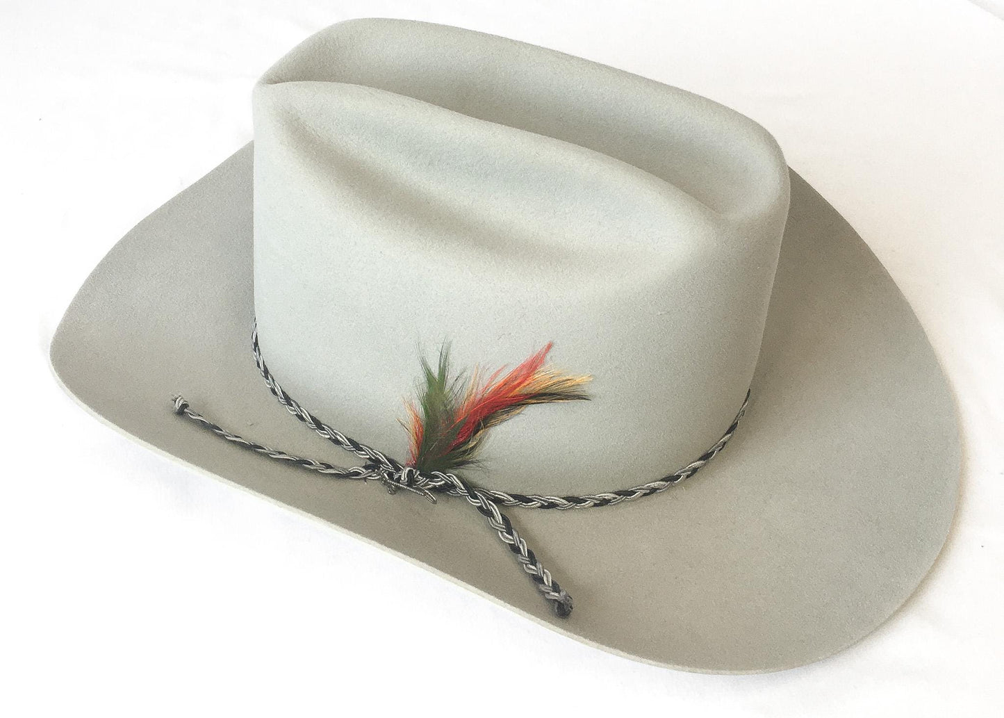 Vintage Stetson 5X Taupe/Beige Cowboy Hat with Black/White Woven Feather Band, Sz. 7 3/4, Vintage Western Hat