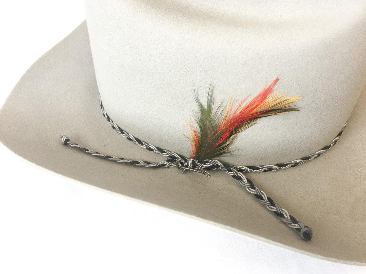 Vintage Stetson 5X Taupe/Beige Cowboy Hat with Black/White Woven Feather Band, Sz. 7 3/4, Vintage Western Hat