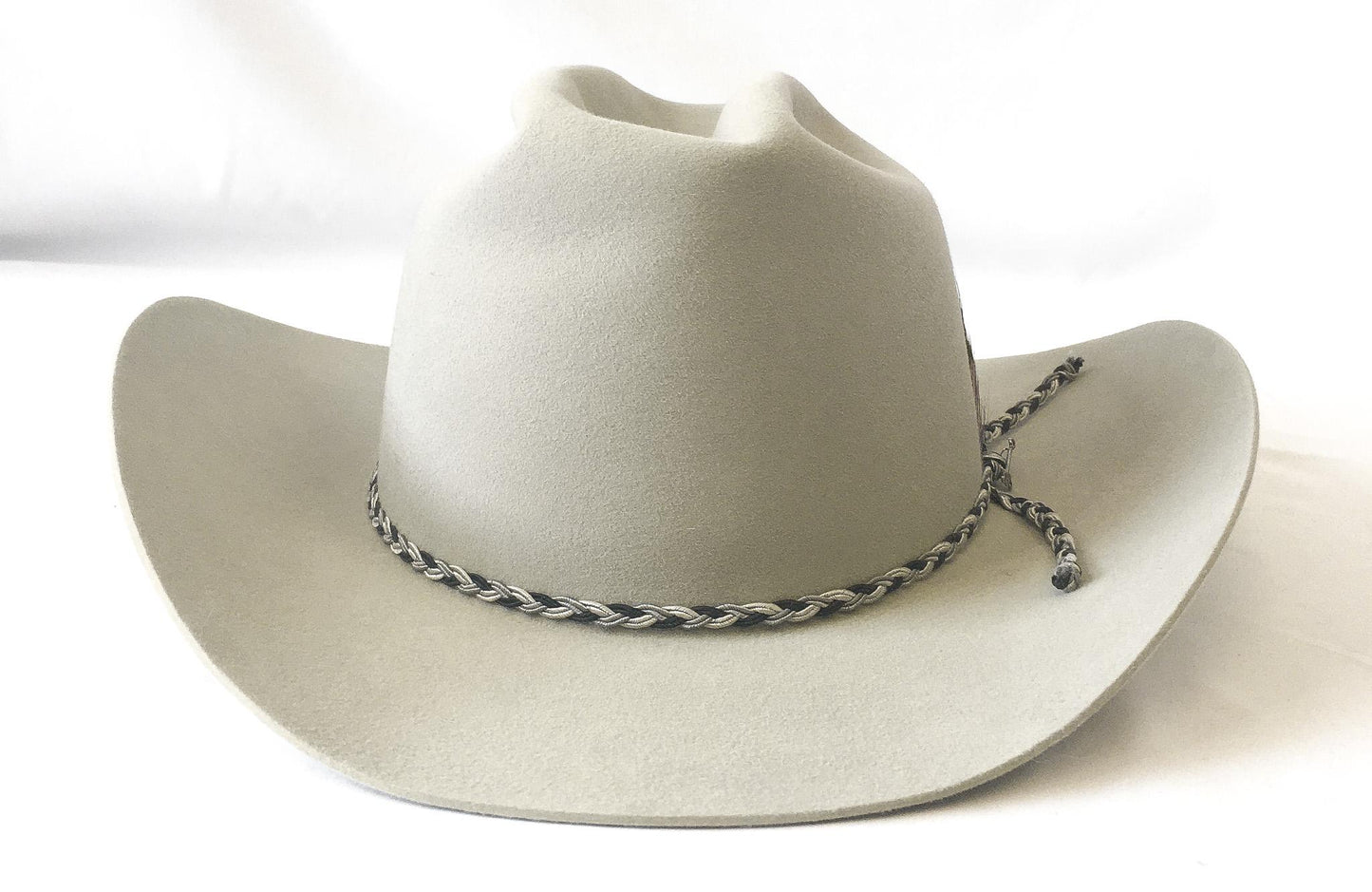 Vintage Stetson 5X Taupe/Beige Cowboy Hat with Black/White Woven Feather Band, Sz. 7 3/4, Vintage Western Hat