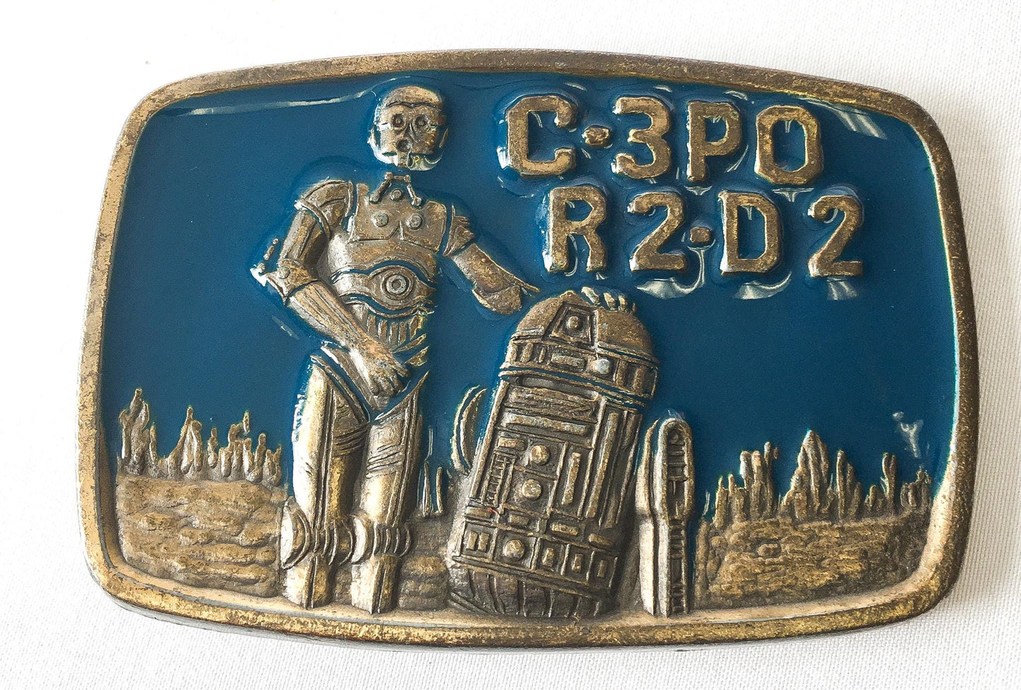 Vintage 1979 Star Wars C-3PO R2-D2 Blue Enamel Brass Belt Buckle, 2" x 2.75", Vintage 70s Star Wars Apparel Merchandise