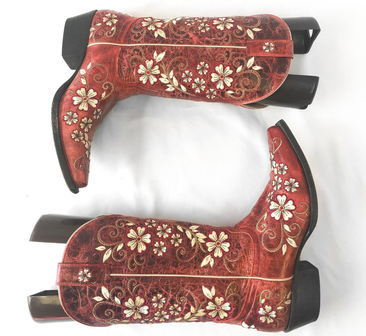 Vintage Inspired Shyanne Red/Cream Leather Floral Embroidered Snip Toe Cowboy Boots, Women's Sz 8B, Vintage Western Boots