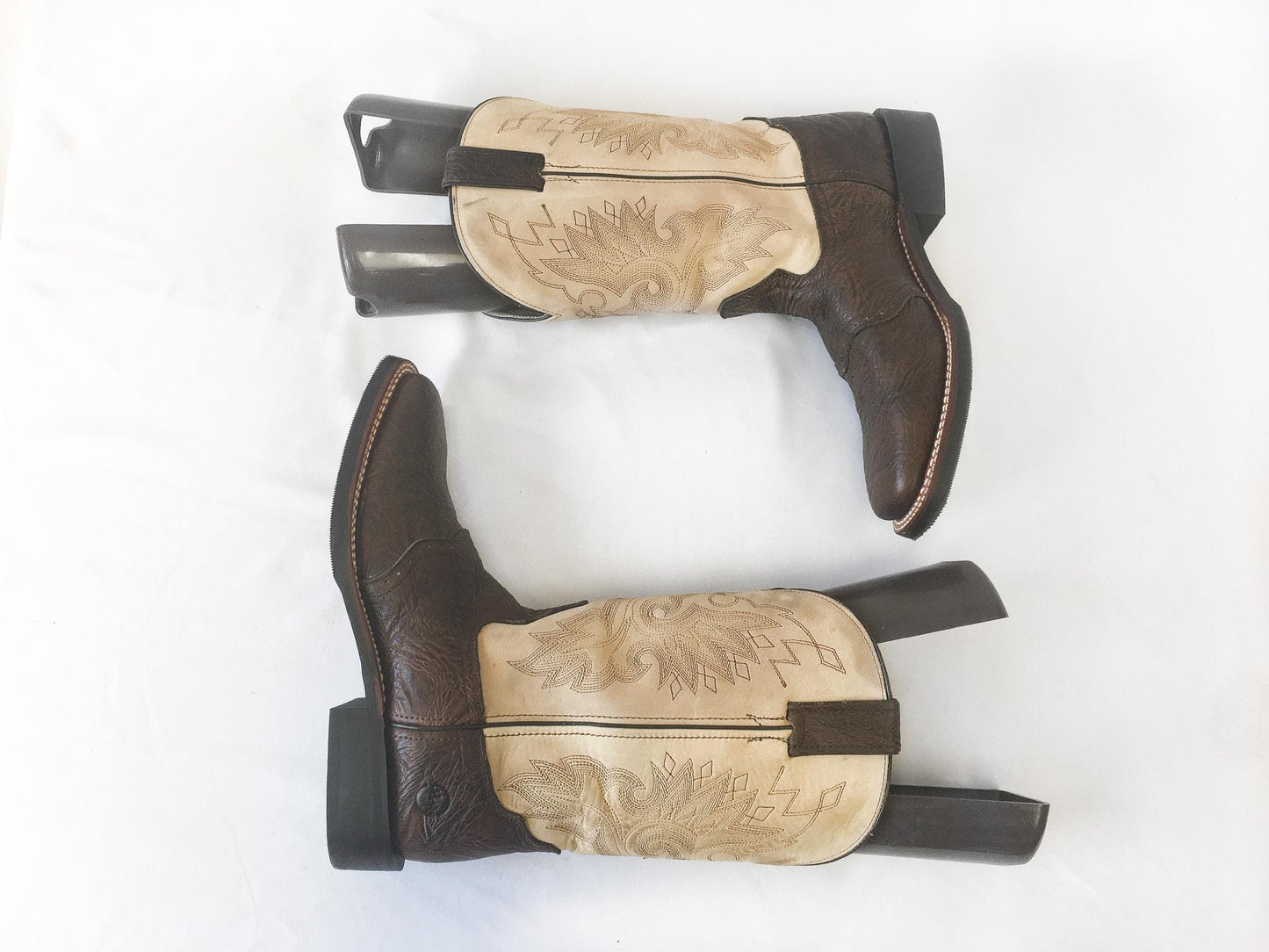 Vintage Inspired Double H Brown/Cream Leather Embroidered Cowboy Boots, Women's Sz. 8M, Vintage Western Boots