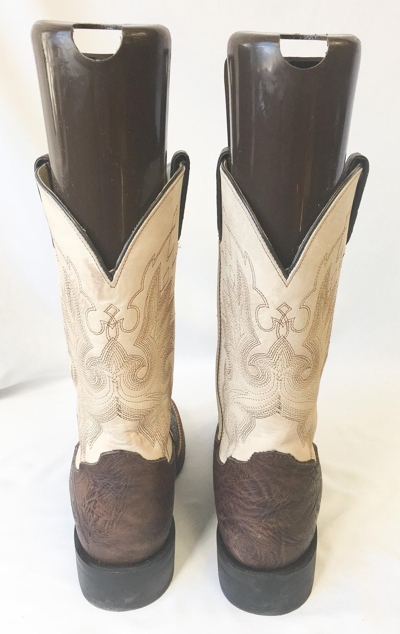 Vintage Inspired Double H Brown/Cream Leather Embroidered Cowboy Boots, Women's Sz. 8M, Vintage Western Boots