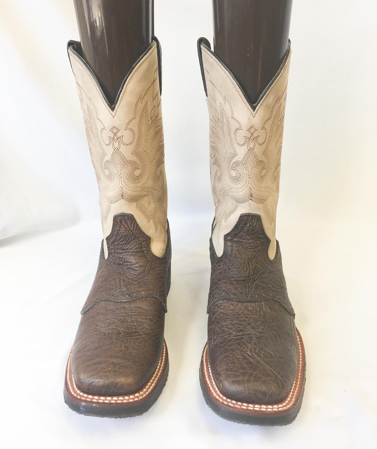 Vintage Inspired Double H Brown/Cream Leather Embroidered Cowboy Boots, Women's Sz. 8M, Vintage Western Boots