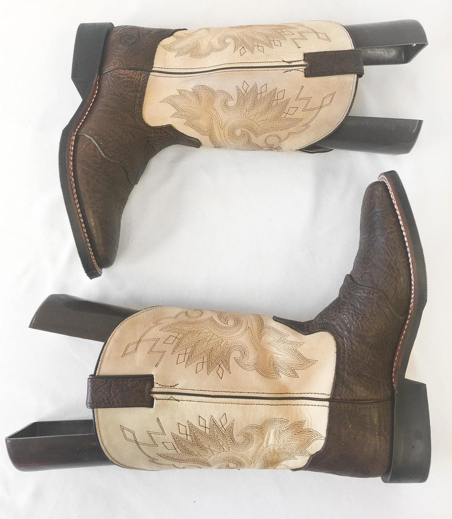 Vintage Inspired Double H Brown/Cream Leather Embroidered Cowboy Boots, Women's Sz. 8M, Vintage Western Boots