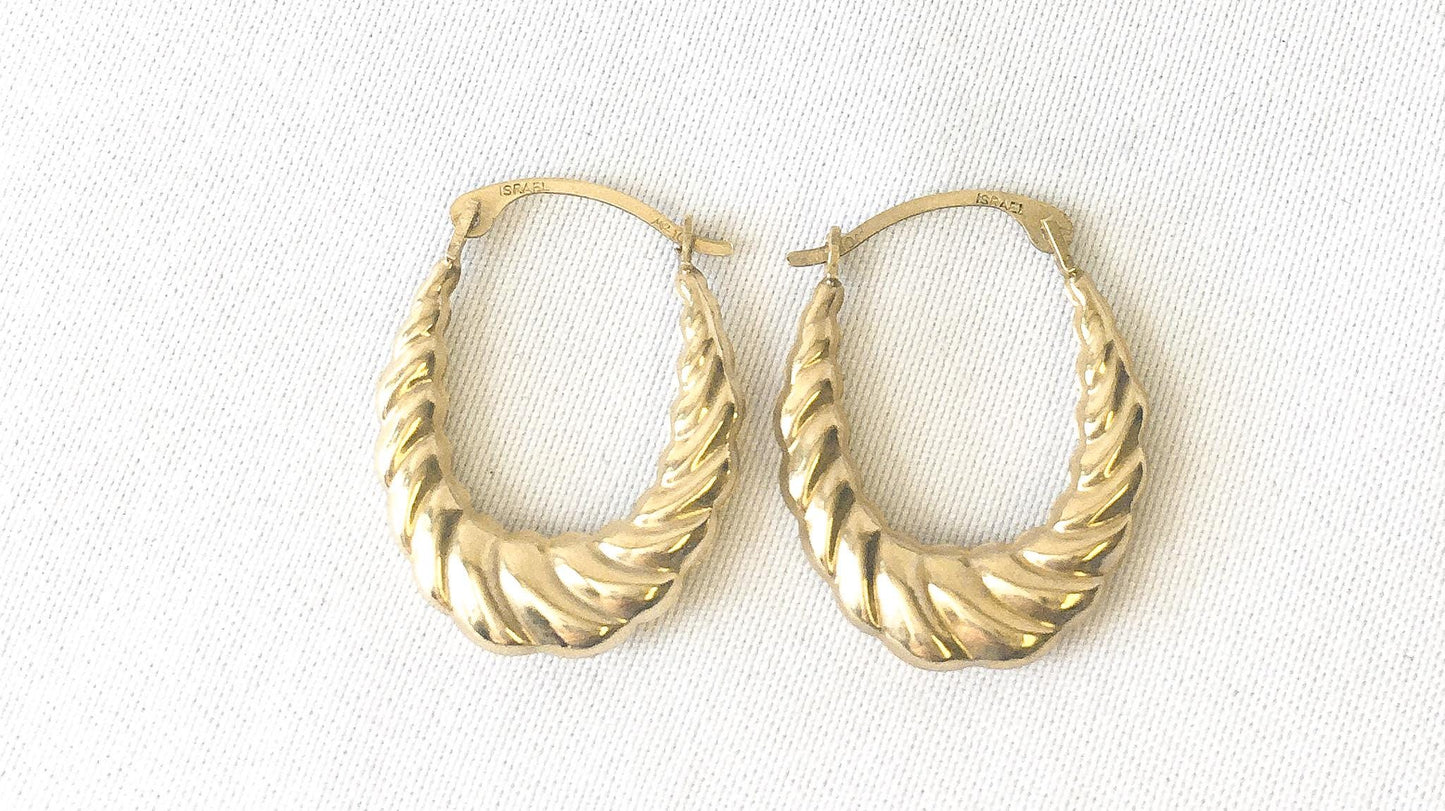 10K Yellow Gold Israel Hollow Ribbed Hoop Earrings, .75", .3 grams, Simple Everyday Hoops