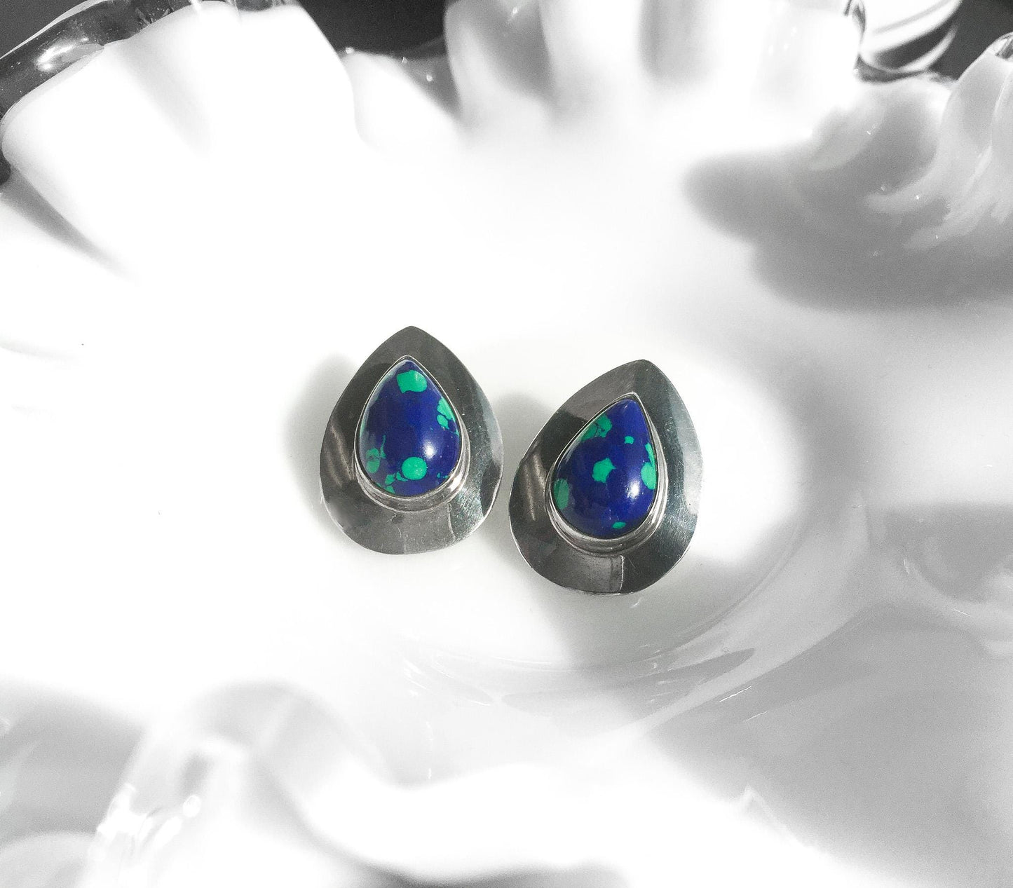 Vintage Sterling Silver S.E. Stamped Azurite Teardrop Stud Earrings, 1", Vintage Navajo Boho Earrings