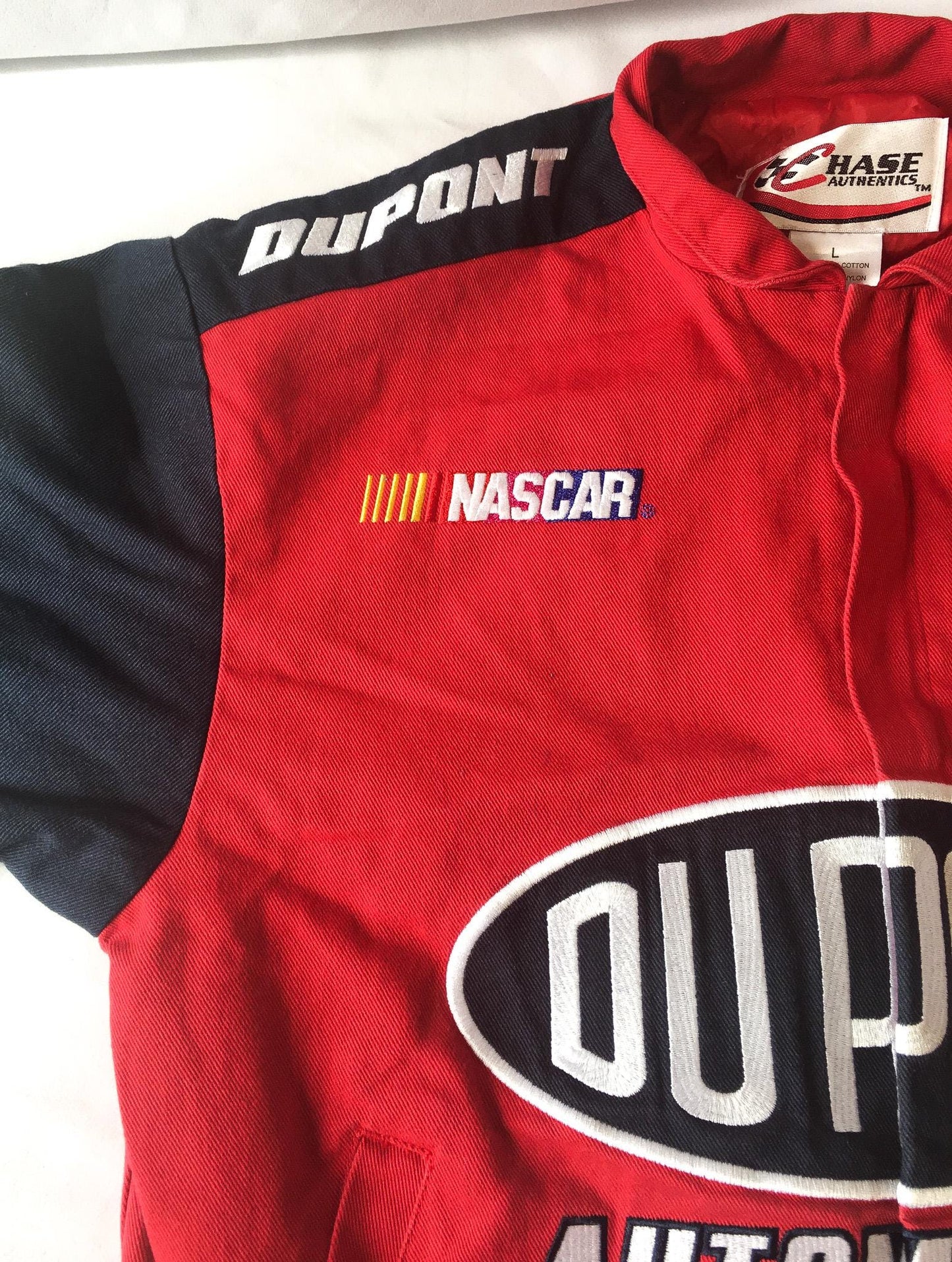 90s DuPont Jeff Gordon Nascar Navy/Red "The Miracles of Science" Flame Sleeve Racing Jacket, Approx Sz. S, Vintage Streetwear Racing Apparel