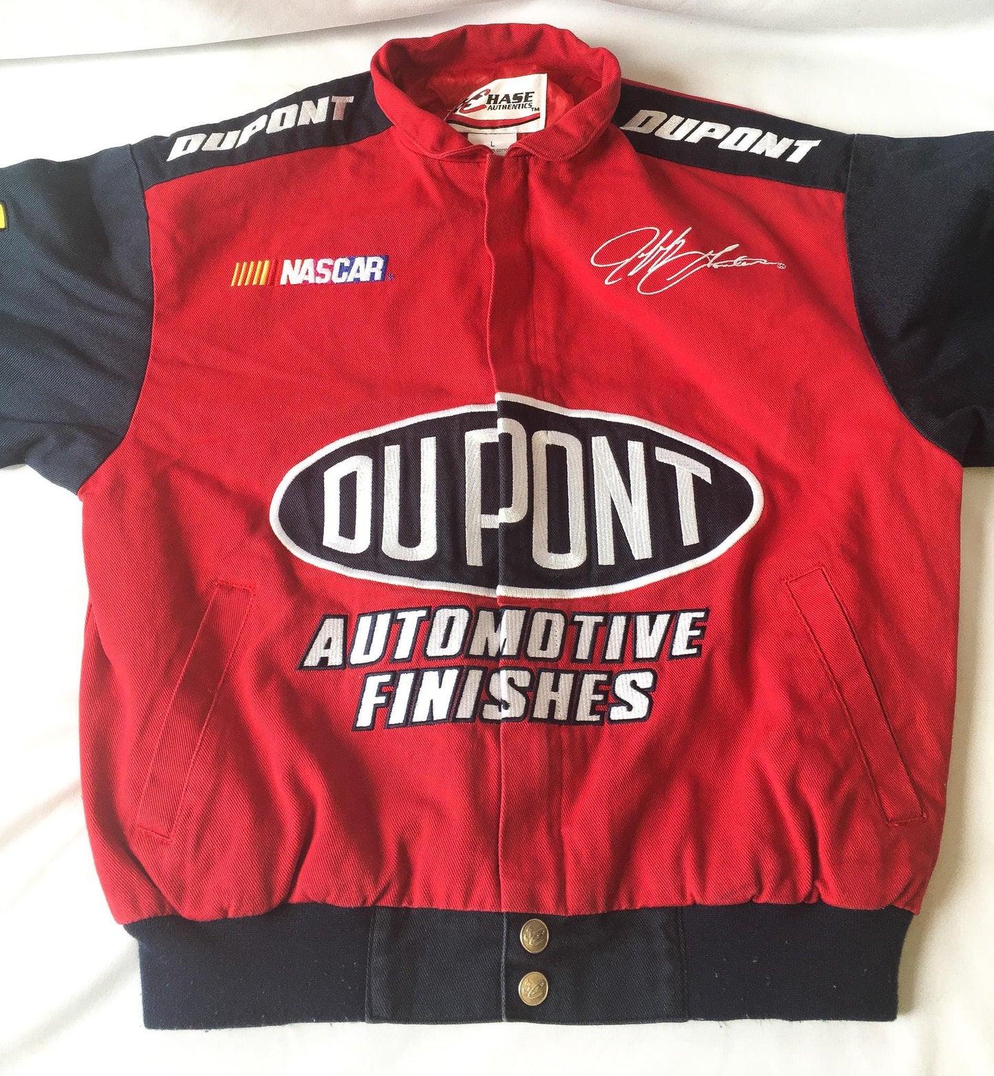 90s DuPont Jeff Gordon Nascar Navy/Red "The Miracles of Science" Flame Sleeve Racing Jacket, Approx Sz. S, Vintage Streetwear Racing Apparel