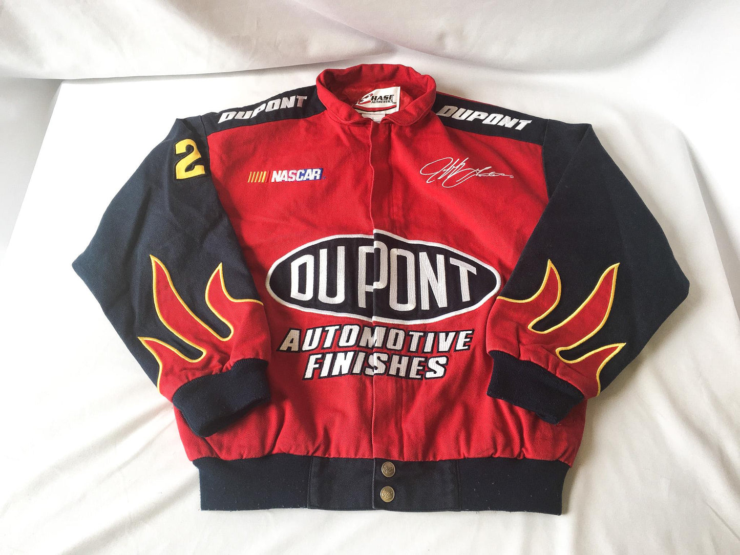90s DuPont Jeff Gordon Nascar Navy/Red "The Miracles of Science" Flame Sleeve Racing Jacket, Approx Sz. S, Vintage Streetwear Racing Apparel