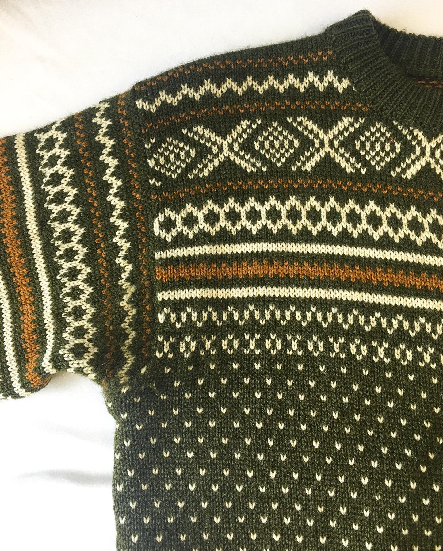 Vintage Dale of Norway Olive Green/White/Gold Fair Isle Wool Button Cardigan Sweater, Approx. Sz. Men's L, Vintage Nordic Sweater