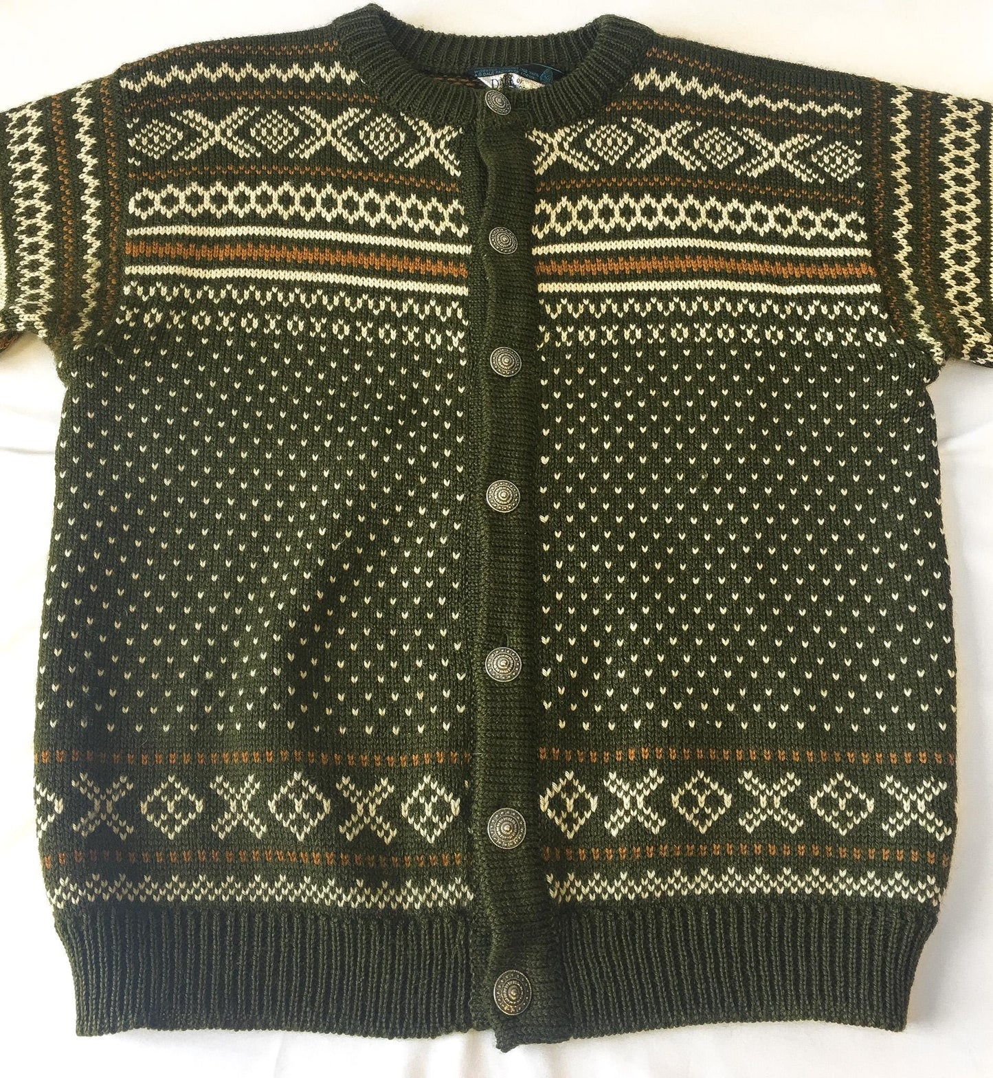 Vintage Dale of Norway Olive Green/White/Gold Fair Isle Wool Button Cardigan Sweater, Approx. Sz. Men's L, Vintage Nordic Sweater