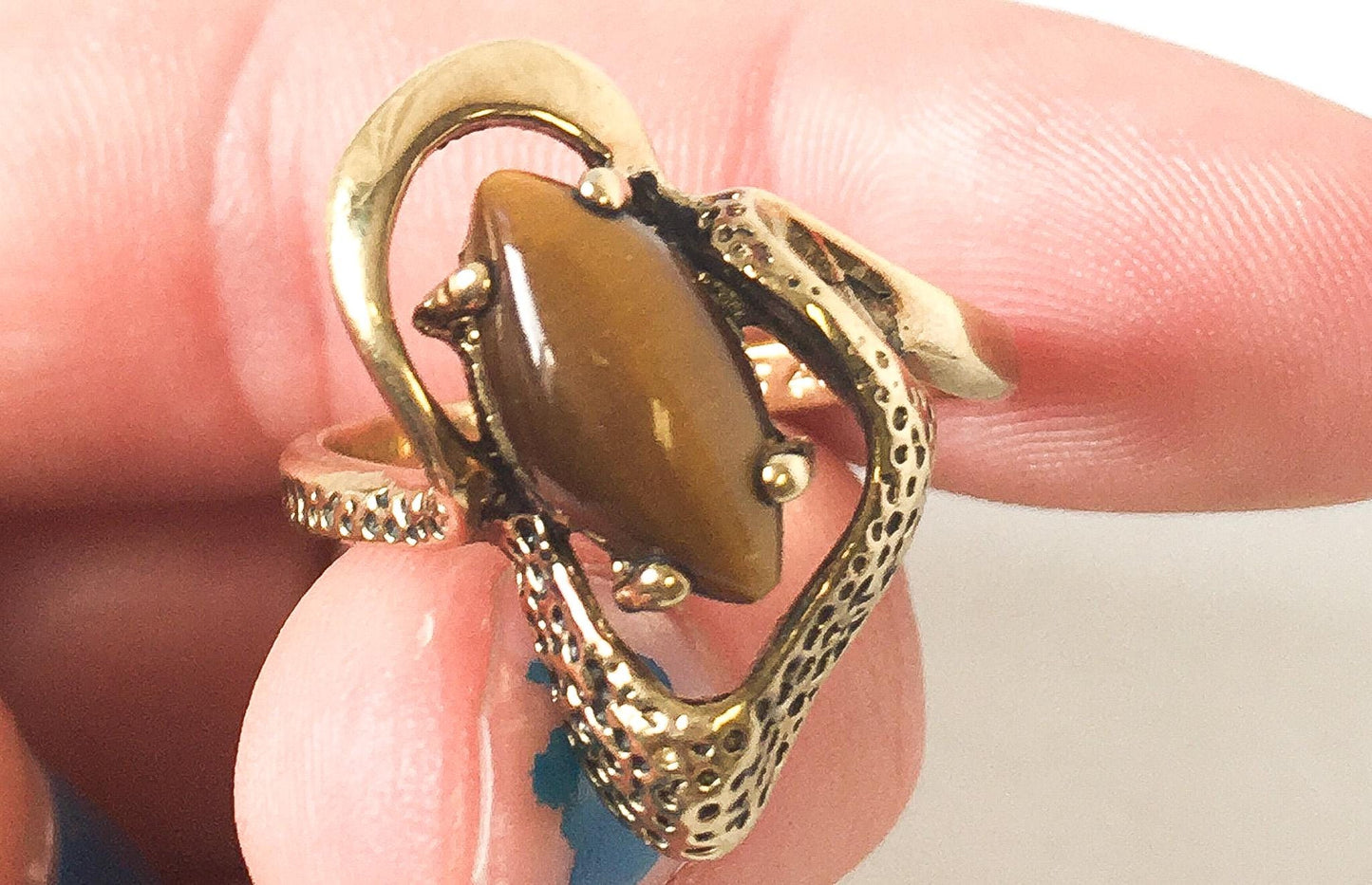 Tiger's Eye 14KT Heavy Gold Filled, Heavy Gold Electroplated Textured Asymmetrical Free Form Ring, Sz. 6.75, Unique Boho Statement Jewelry