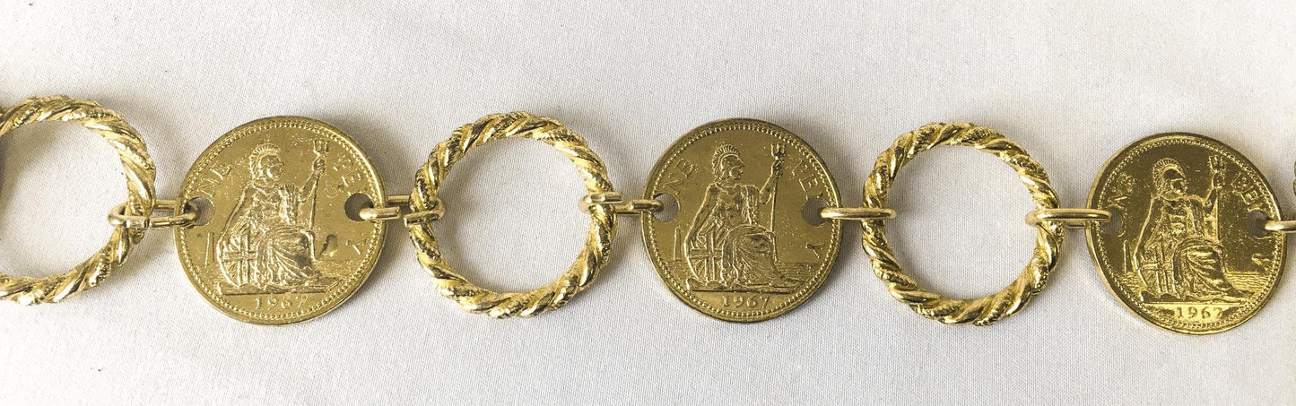 Vintage Gold Toned Grecian Roman Spartan Coin Adjustable Chain Link Belt