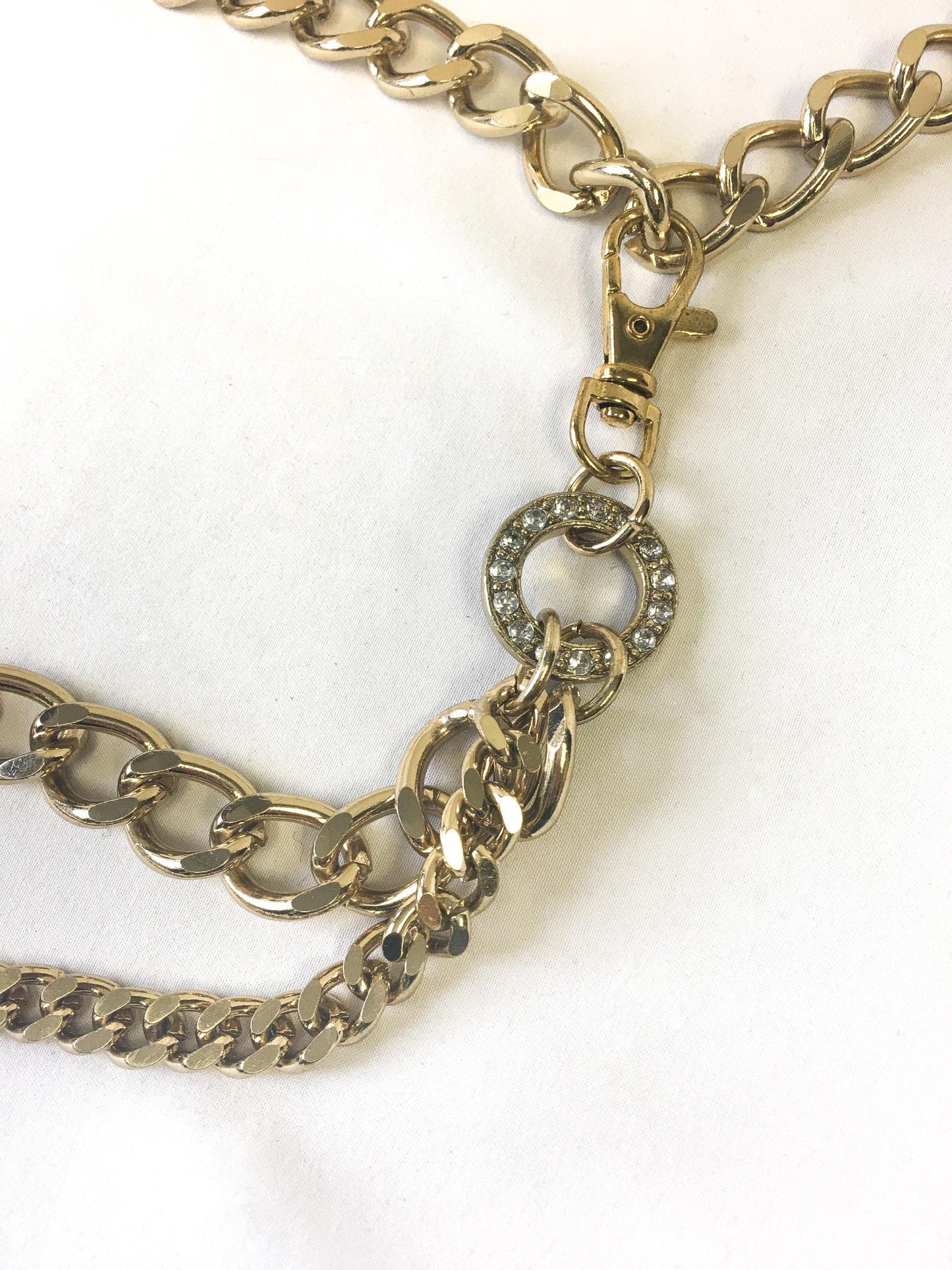 Vintage Gold Toned Double Chain Front Circular Rhinestone Accent Link Belt, Vintage Retro Accessories