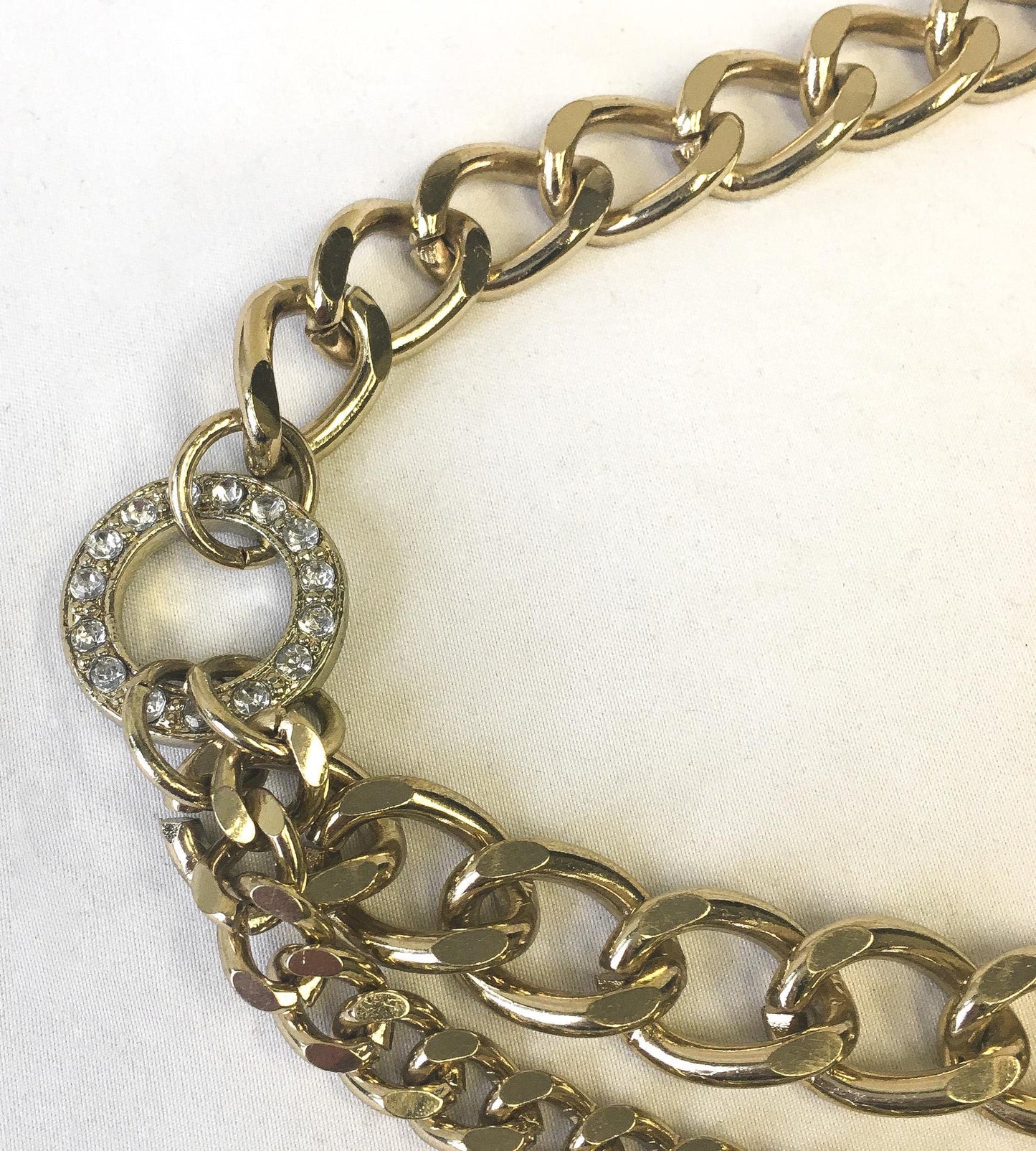 Vintage Gold Toned Double Chain Front Circular Rhinestone Accent Link Belt, Vintage Retro Accessories