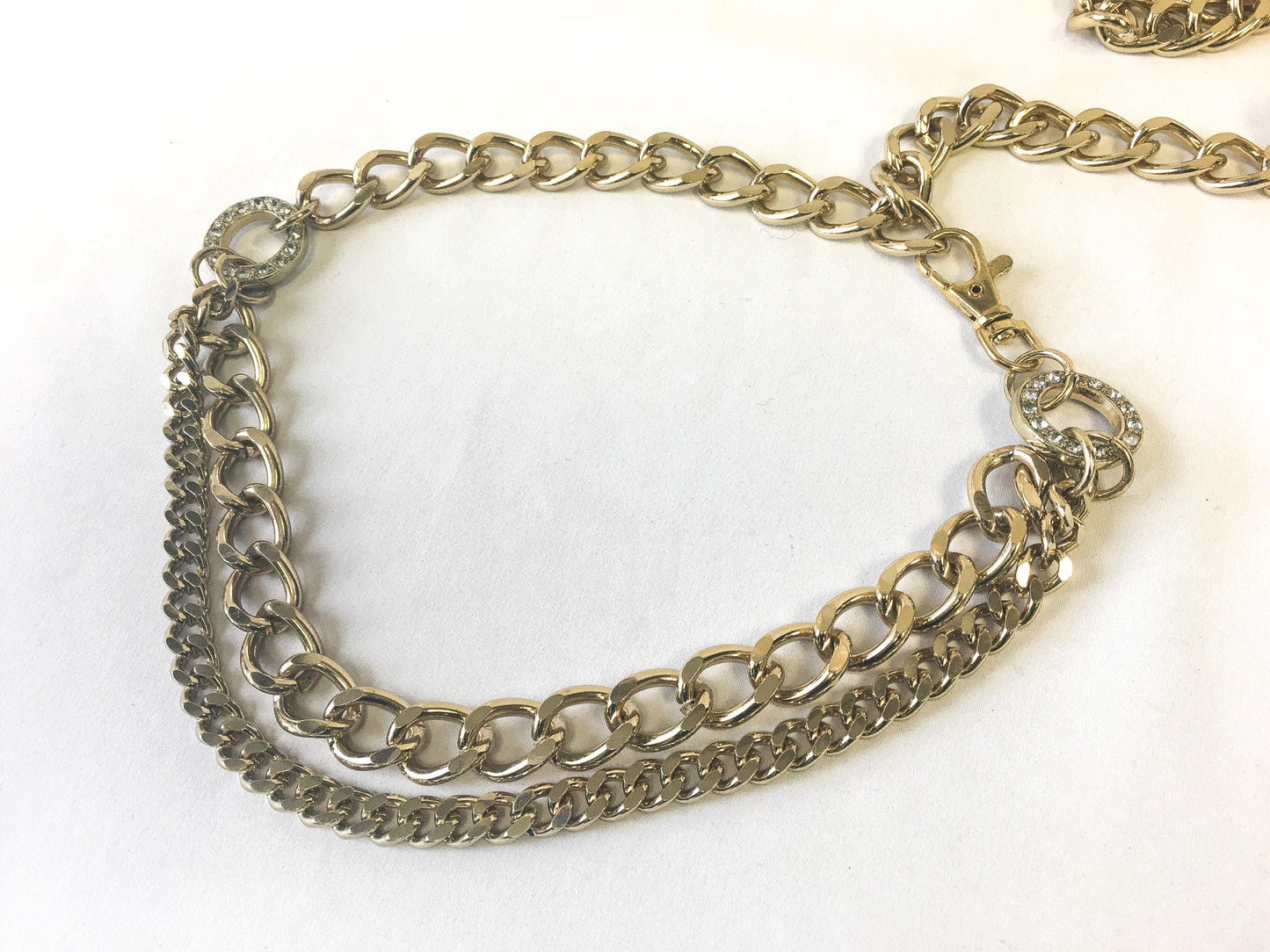 Vintage Gold Toned Double Chain Front Circular Rhinestone Accent Link Belt, Vintage Retro Accessories