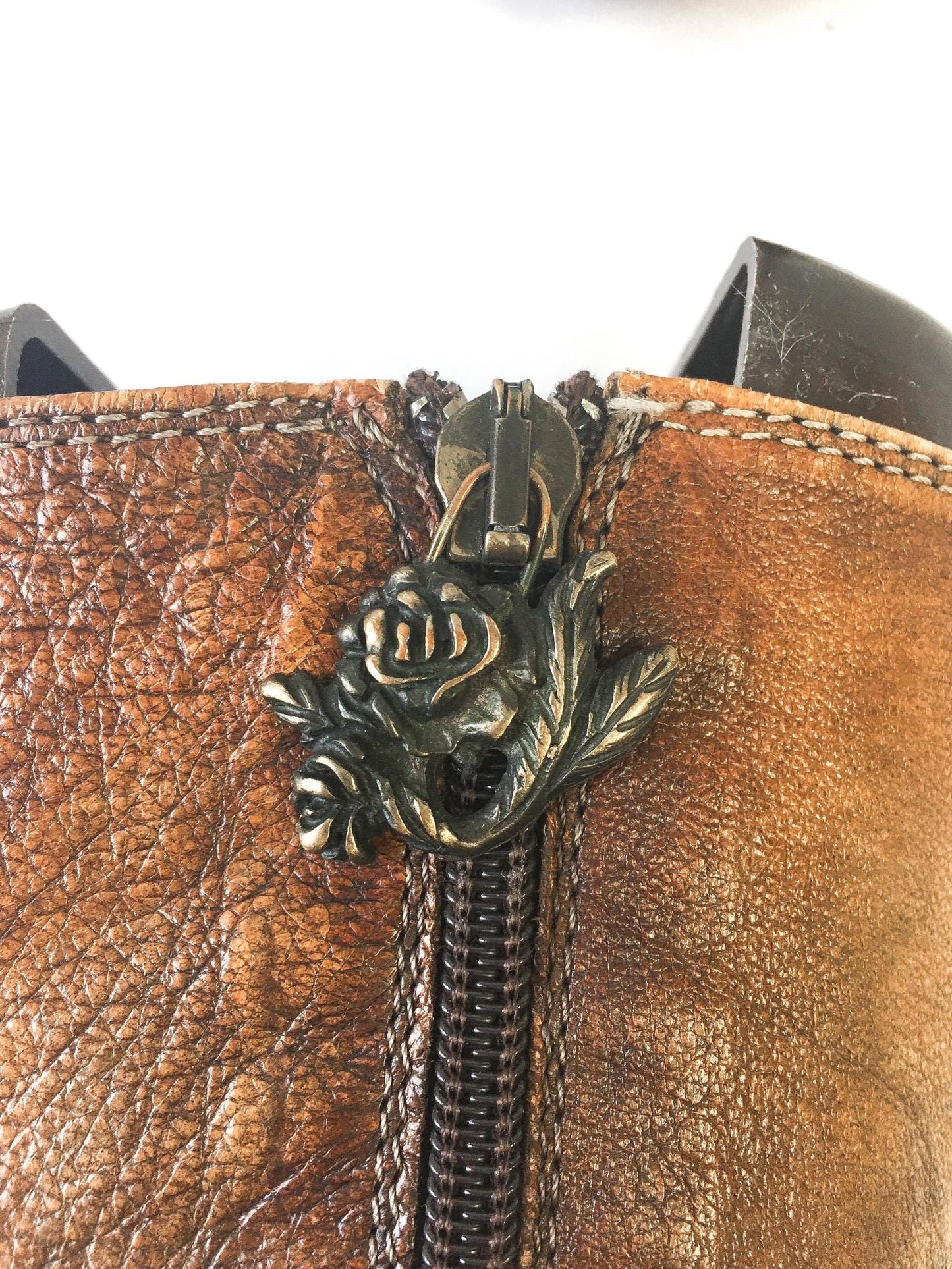 Vintage Siren by Mark Nason Brown Leather Dragon Studded Embroidered Zip Up Knee-High Boots, Sz. 5.5, Vintage Western Statement Boots