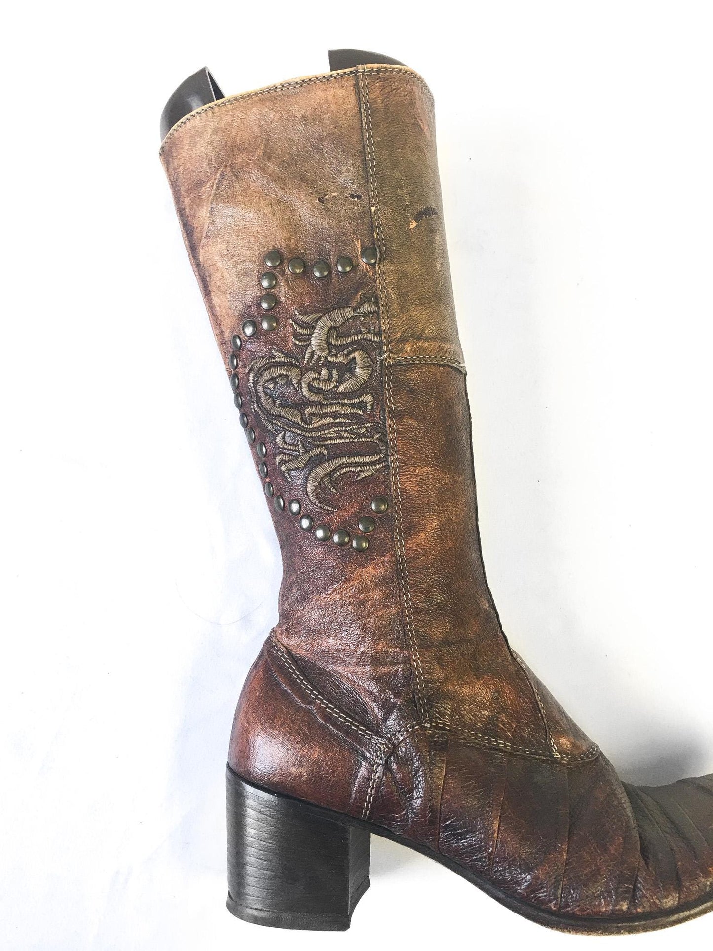 Vintage Siren by Mark Nason Brown Leather Dragon Studded Embroidered Zip Up Knee-High Boots, Sz. 5.5, Vintage Western Statement Boots