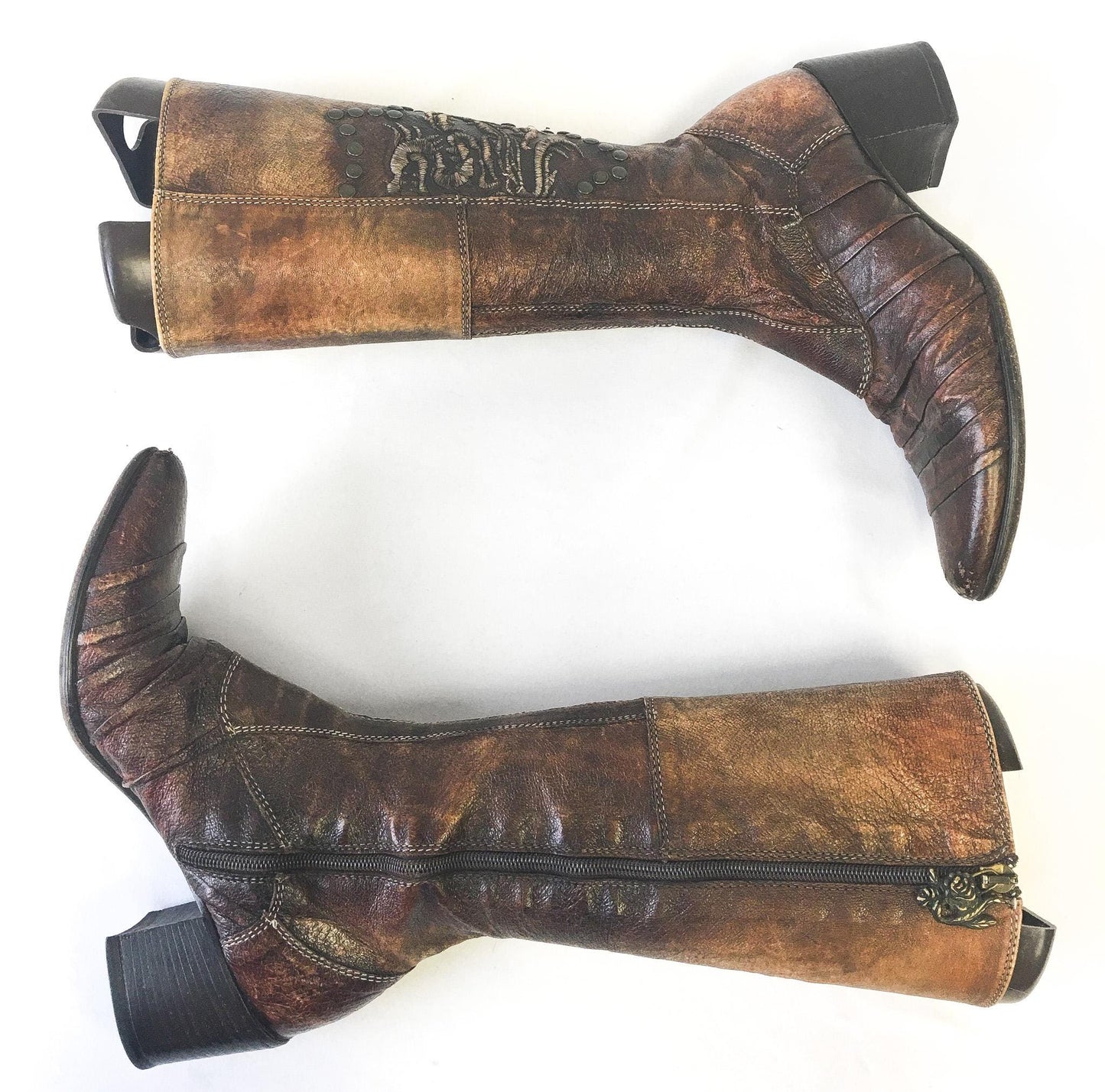 Vintage Siren by Mark Nason Brown Leather Dragon Studded Embroidered Zip Up Knee-High Boots, Sz. 5.5, Vintage Western Statement Boots