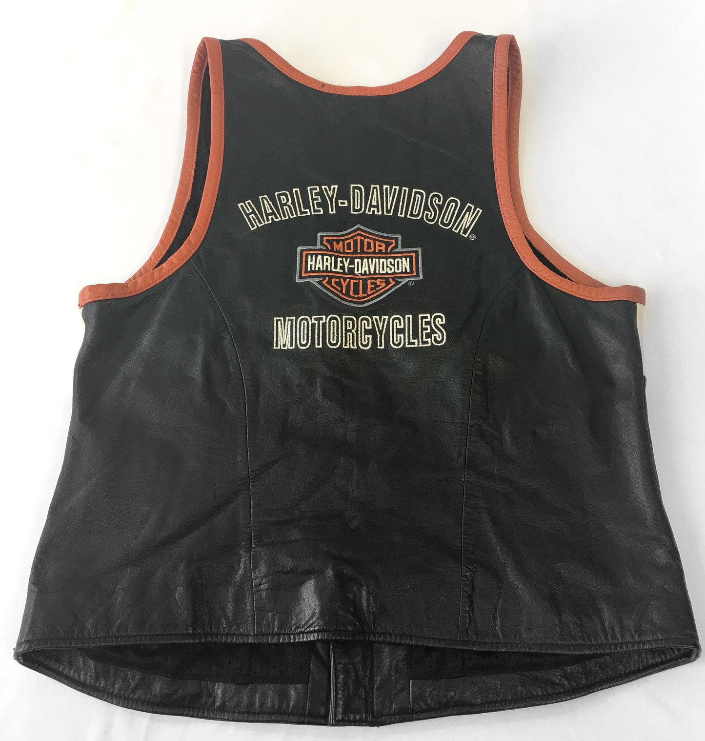 Vintage Inspired Harley Davidson Black/Orange/Cream Leather Vest, Women's Sz. M, Vintage Biker Motorcycle Vest