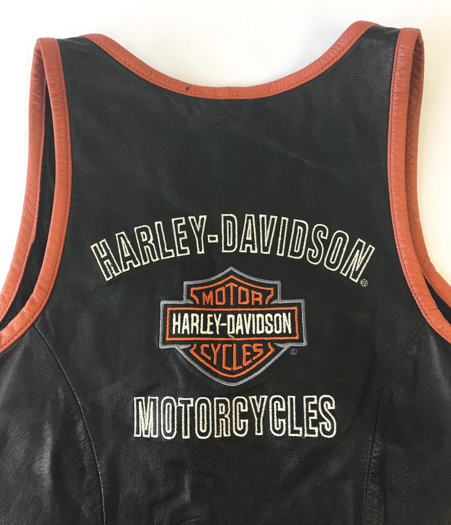 Vintage Inspired Harley Davidson Black/Orange/Cream Leather Vest, Women's Sz. M, Vintage Biker Motorcycle Vest