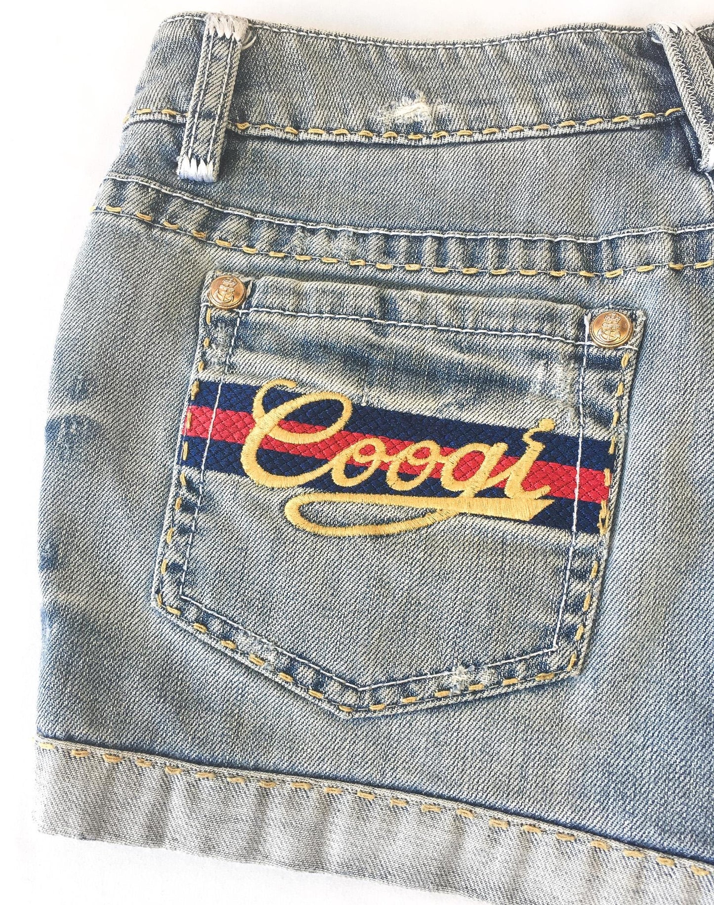 Vintage COOGI Light Wash Royal Symbol Blue/Red/Gold Low Rise Micro Denim Shorts, 29" Waist, Y2K Denim Shorts