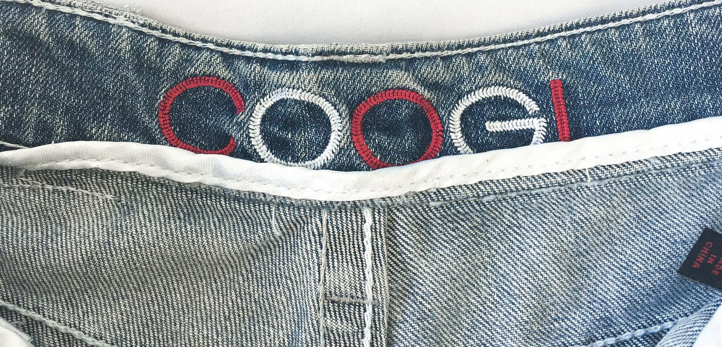 Vintage COOGI Light Wash Royal Symbol Blue/Red/Gold Low Rise Micro Denim Shorts, 29" Waist, Y2K Denim Shorts