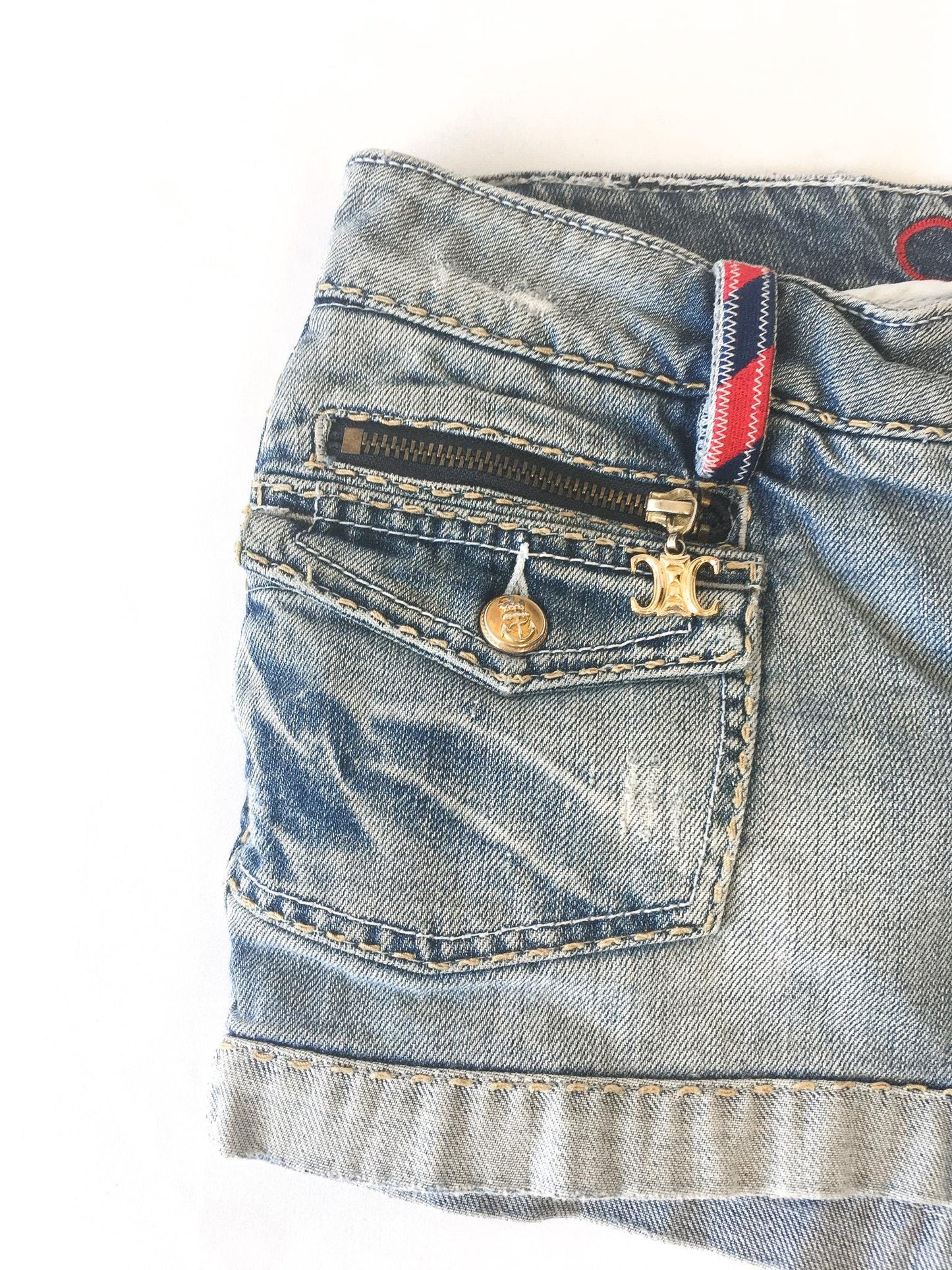 Vintage COOGI Light Wash Royal Symbol Blue/Red/Gold Low Rise Micro Denim Shorts, 29" Waist, Y2K Denim Shorts
