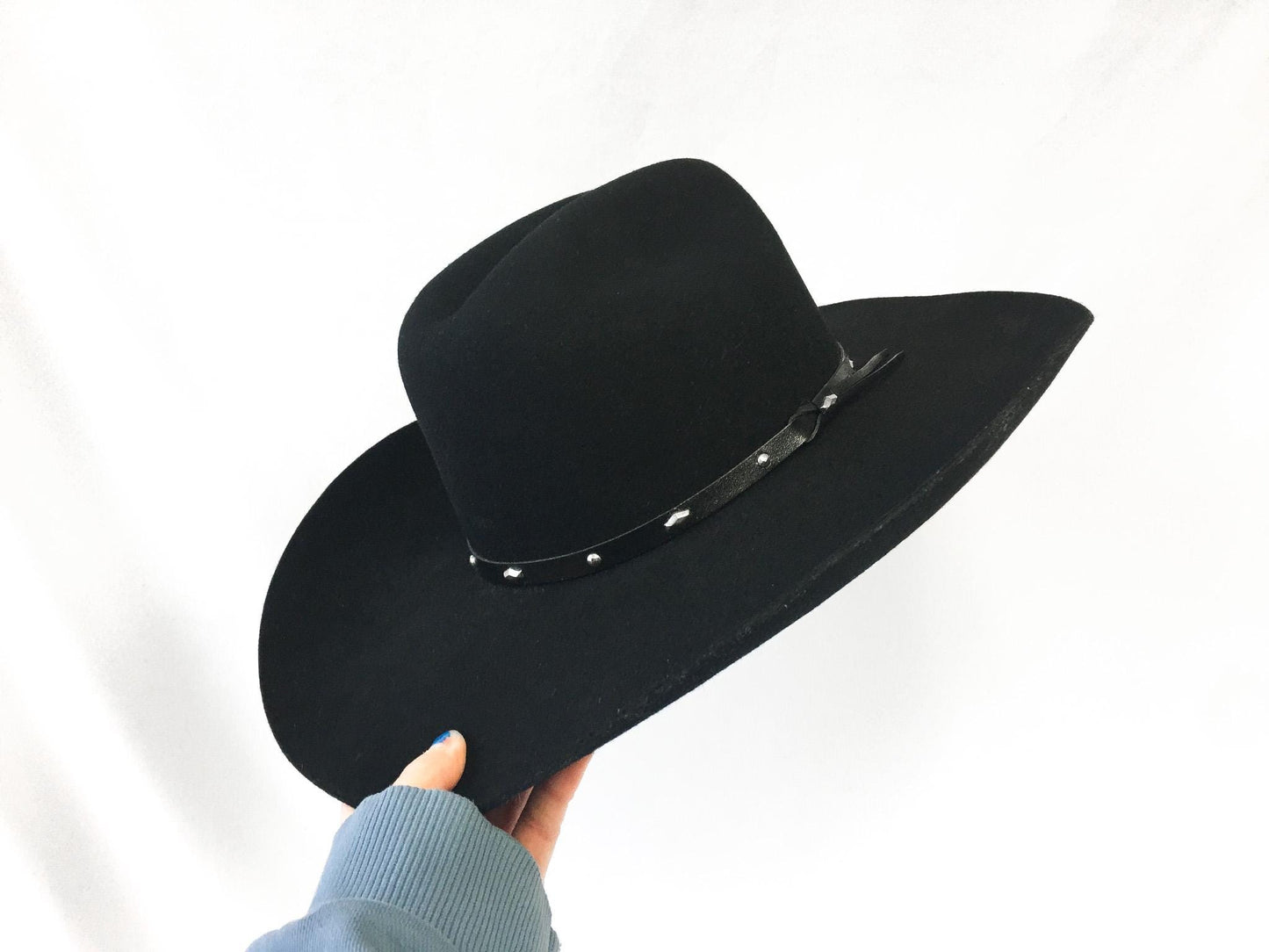 2X Stallion by Stetson Black Felt Cowboy Hat with Leather Silver Stud Band, Sz. 6 7/8, Vintage Western Hat