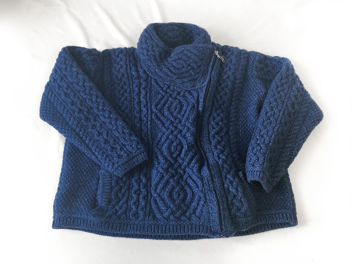 Vintage Aran Crafts Blue Cable Knit Asymmetrical Merino Wool Zip Up Sweater, Women's Sz. XS, Vintage Wool Sweater