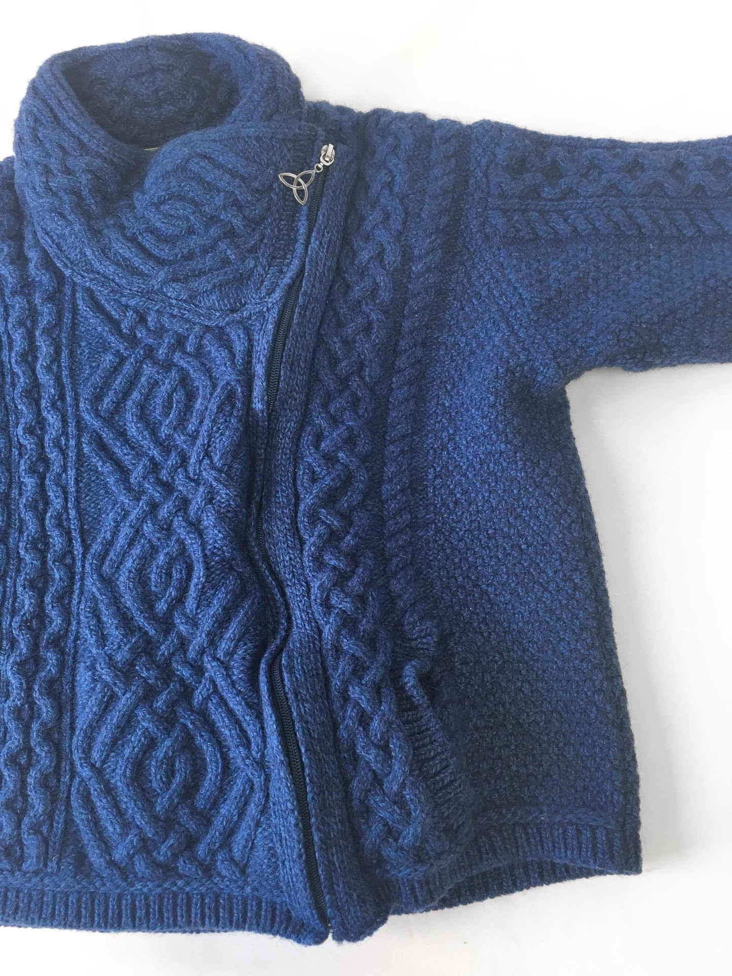 Vintage Aran Crafts Blue Cable Knit Asymmetrical Merino Wool Zip Up Sweater, Women's Sz. XS, Vintage Wool Sweater