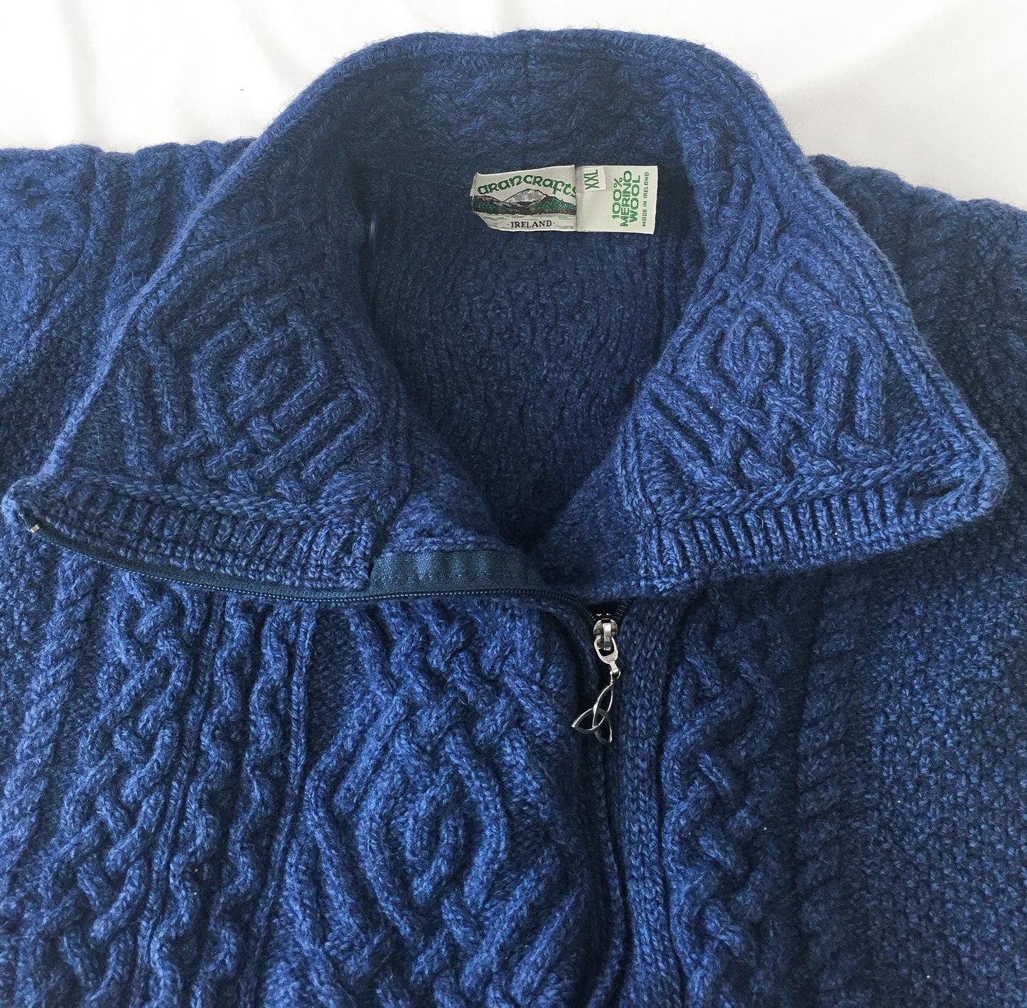 Vintage Aran Crafts Blue Cable Knit Asymmetrical Merino Wool Zip Up Sweater, Women's Sz. XS, Vintage Wool Sweater