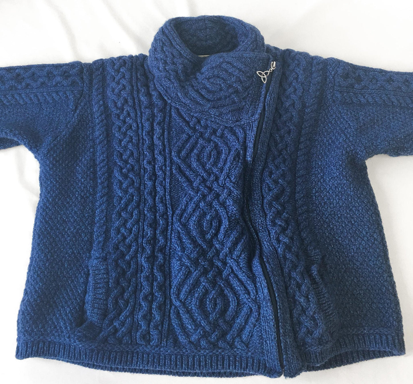 Vintage Aran Crafts Blue Cable Knit Asymmetrical Merino Wool Zip Up Sweater, Women's Sz. XS, Vintage Wool Sweater
