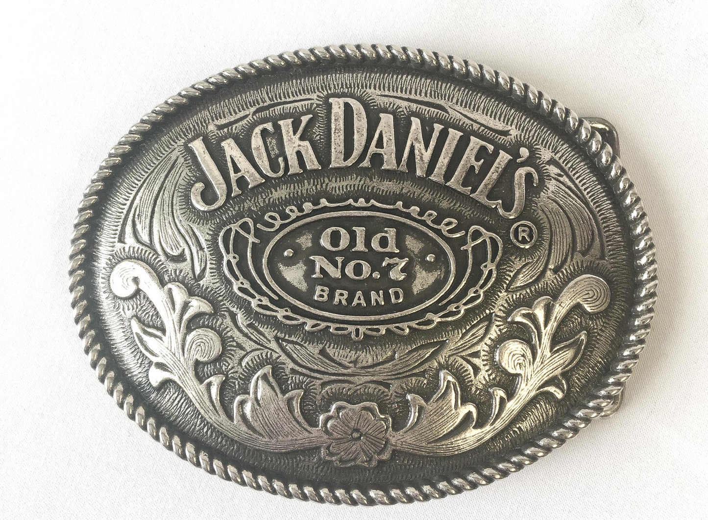 Vintage Jack Daniels Old No. 7 Silver Toned Oval Belt Buckle, 4" x 3", Vintage Whiskey Alcohol Western Belt Buckle