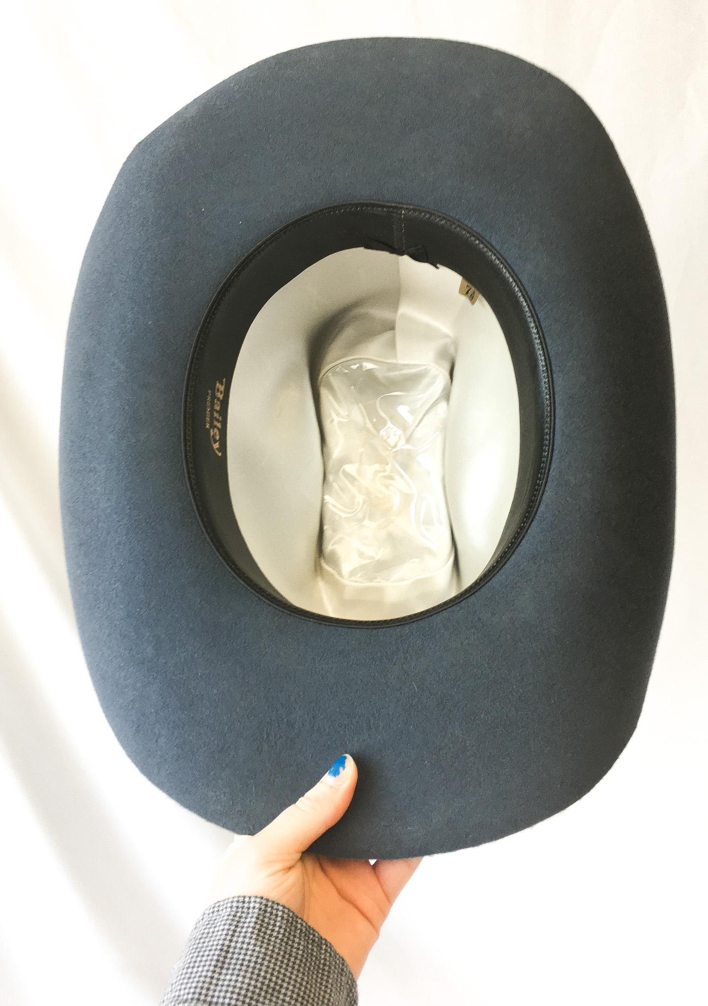 Vintage Bailey's Blue/Gray Felt Cowboy Hat with Black Ribbon Yellow Feather Band, Sz. 7 3/8, Unique Vintage Western Hat